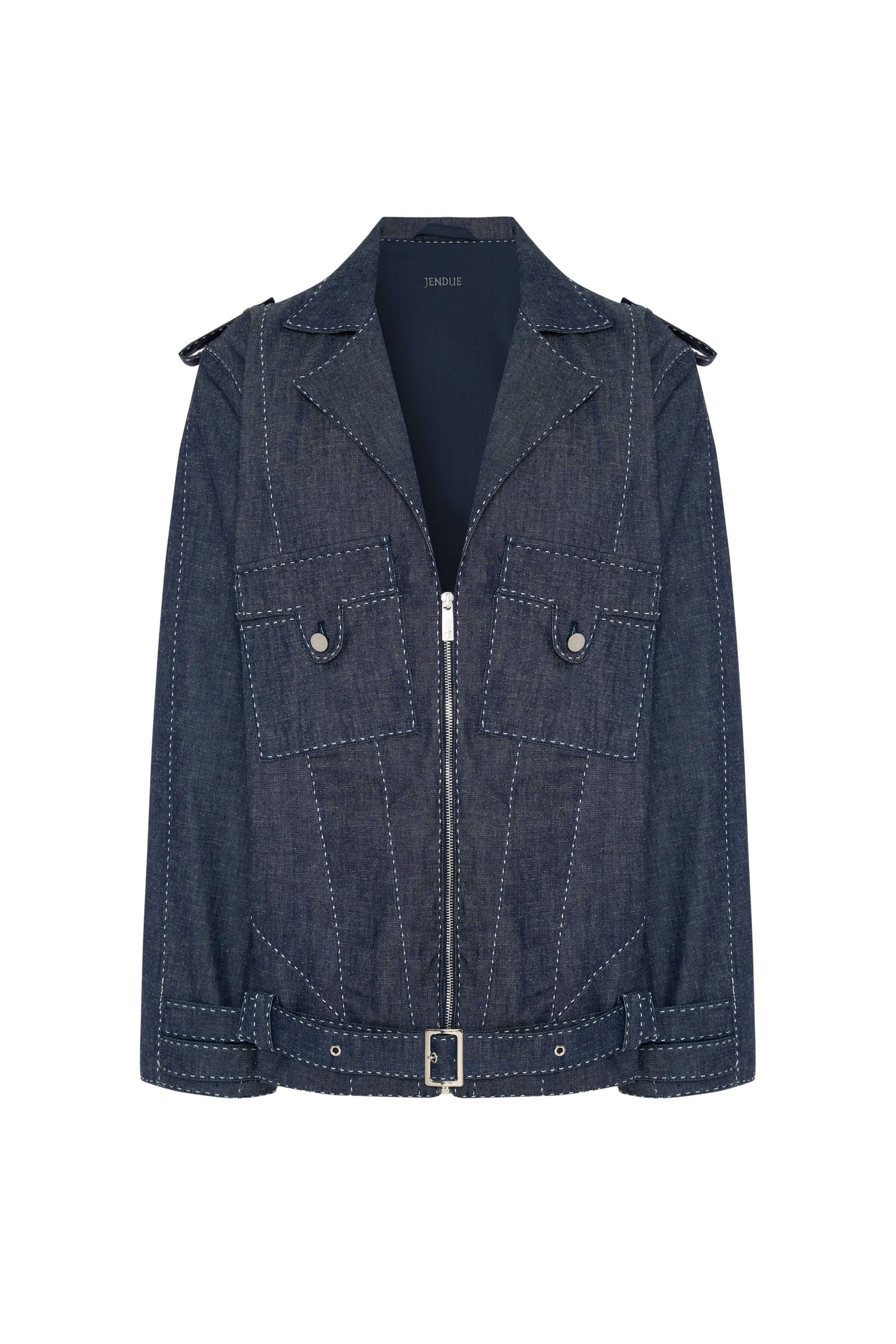 Stylish men's JENDUE Fortidude navy blue denim jacket with a zippered front, belted waist, and white topstitching detail.