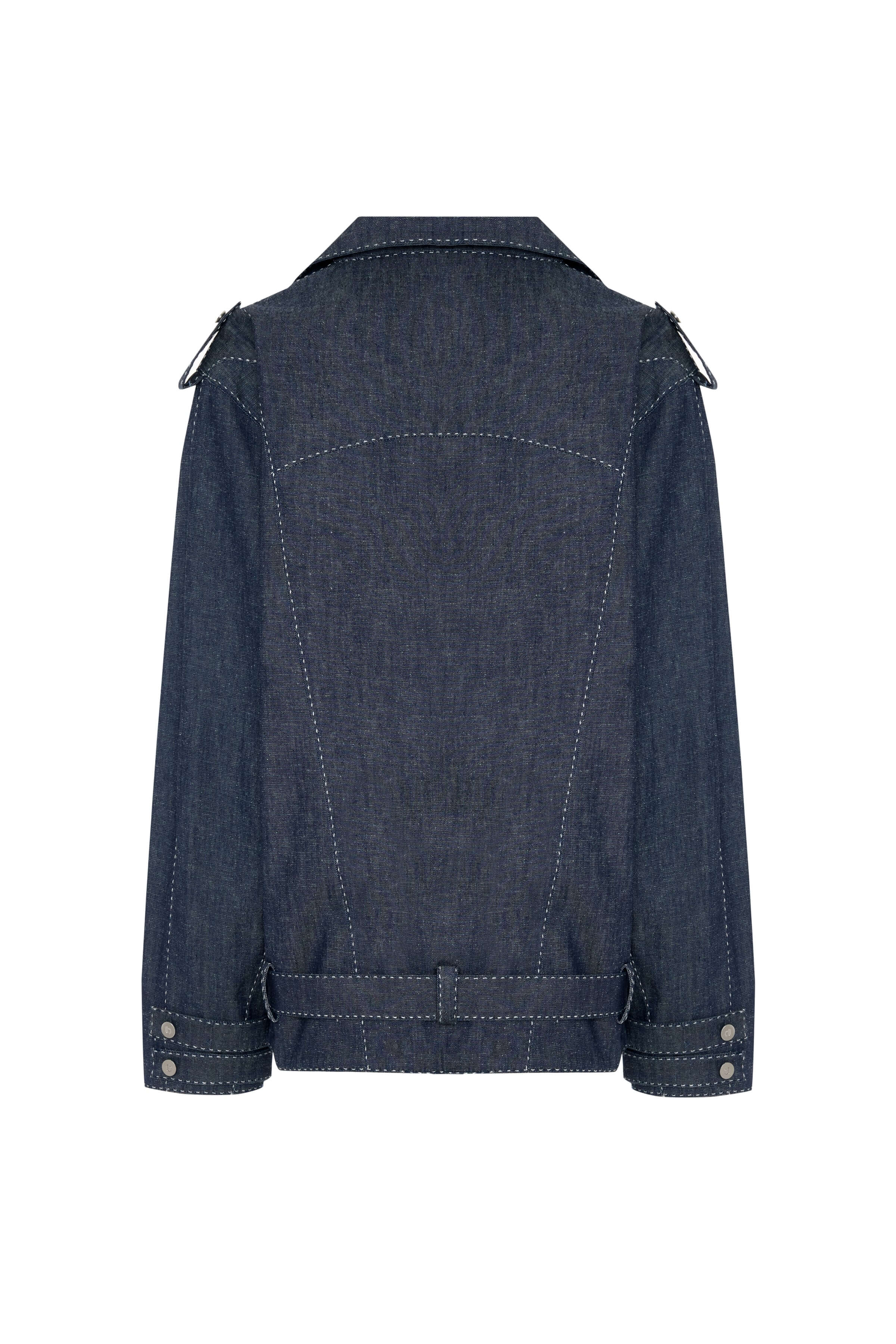 Navy blue denim jacket for men, with a unique belted design at the hem, contrast white stitching, and a metal zipper closure.