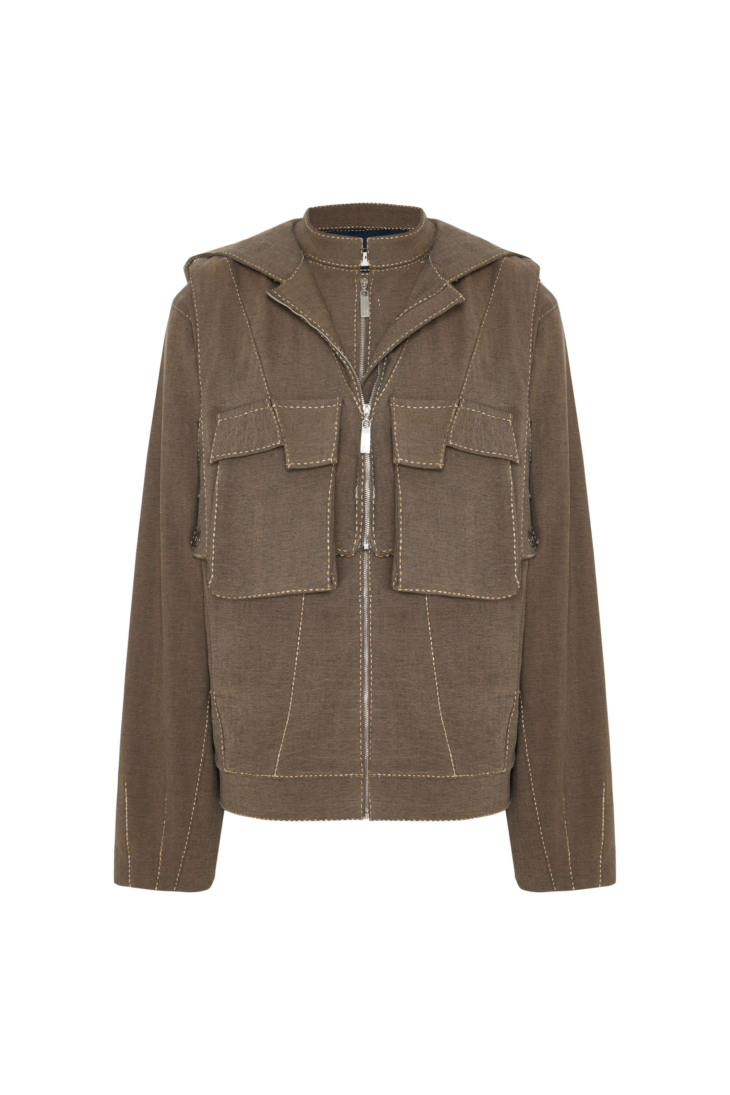A modern brown denim jacket with a layered look, including a visible inner zip-up portion and a sharp, folded collar with contrast stitching.
