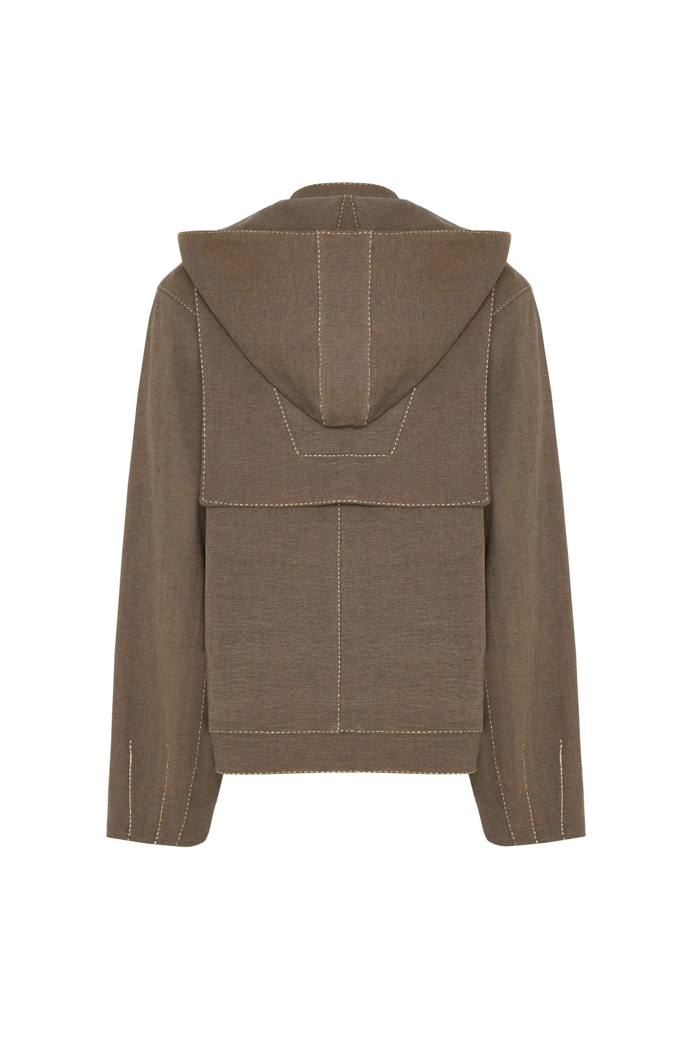 JENDUE Hardy denim jacket in brown with unique double pockets, exposed seams, and a full zip front closure.