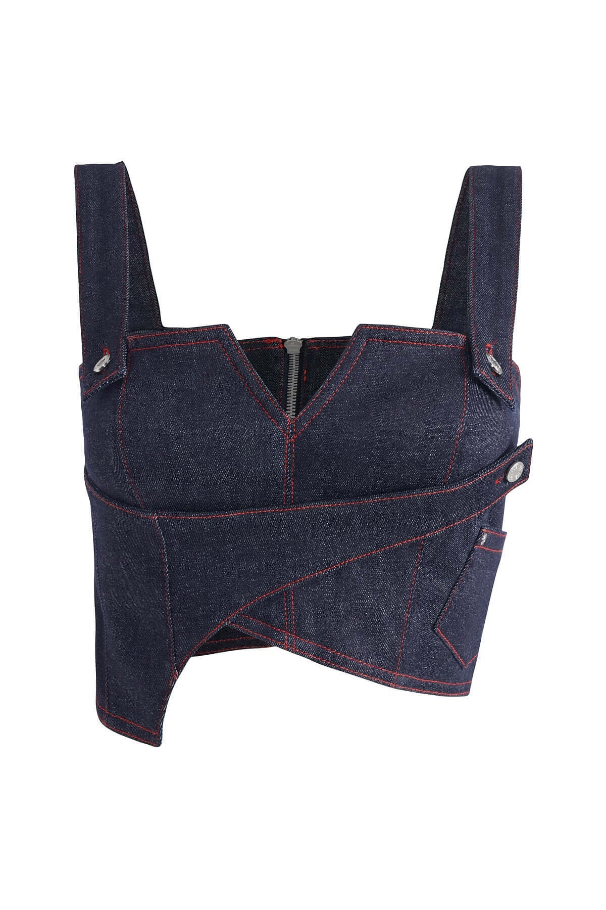 Dark blue JENDUE Harvey Denim Crop Top: features a sweetheart neckline, red contrast stitching, and unique crisscross paneling.