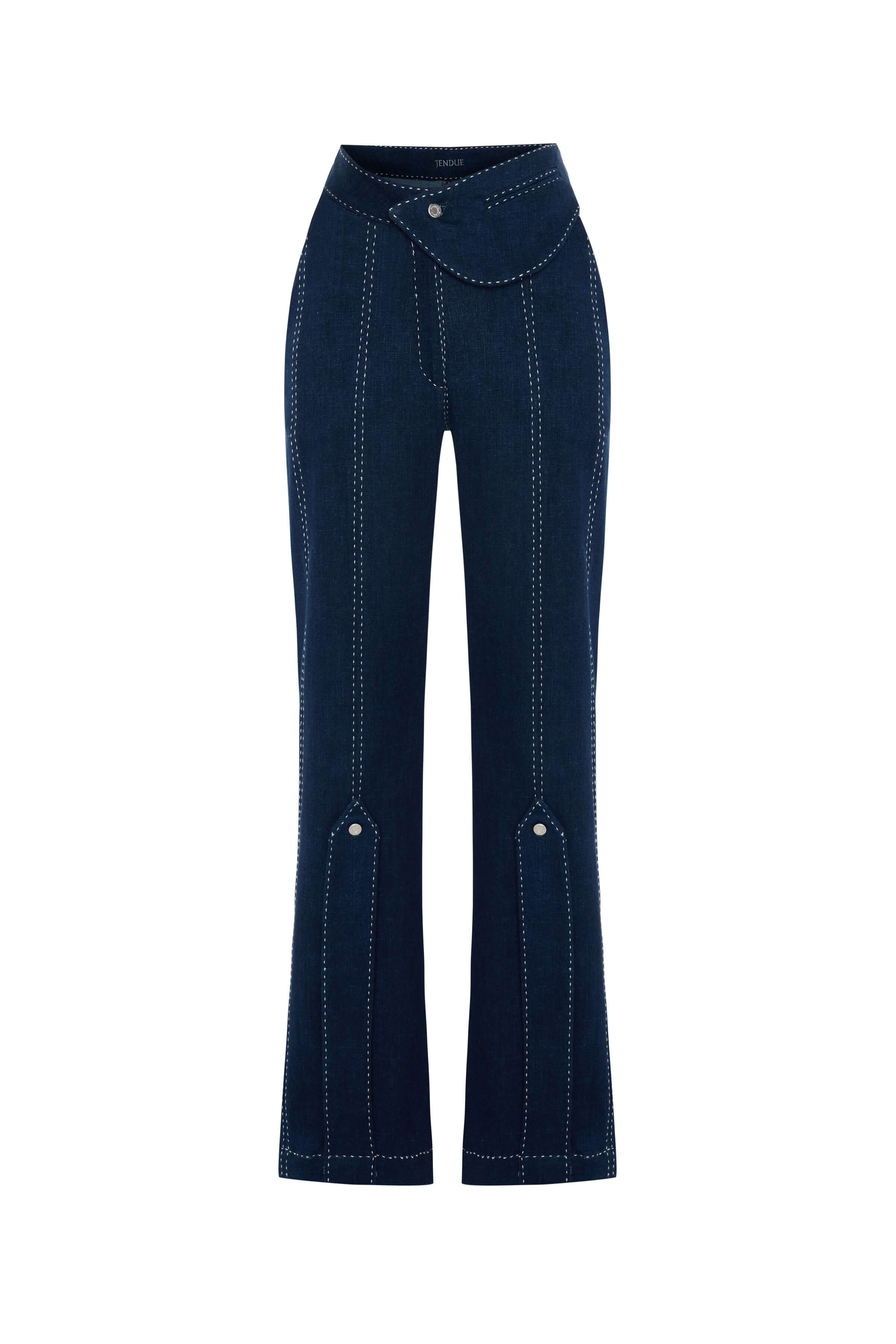 JENDUE Lia straight-leg jeans in dark navy. A high crossover waist and vertical white contrast stitching elongate the silhouette.