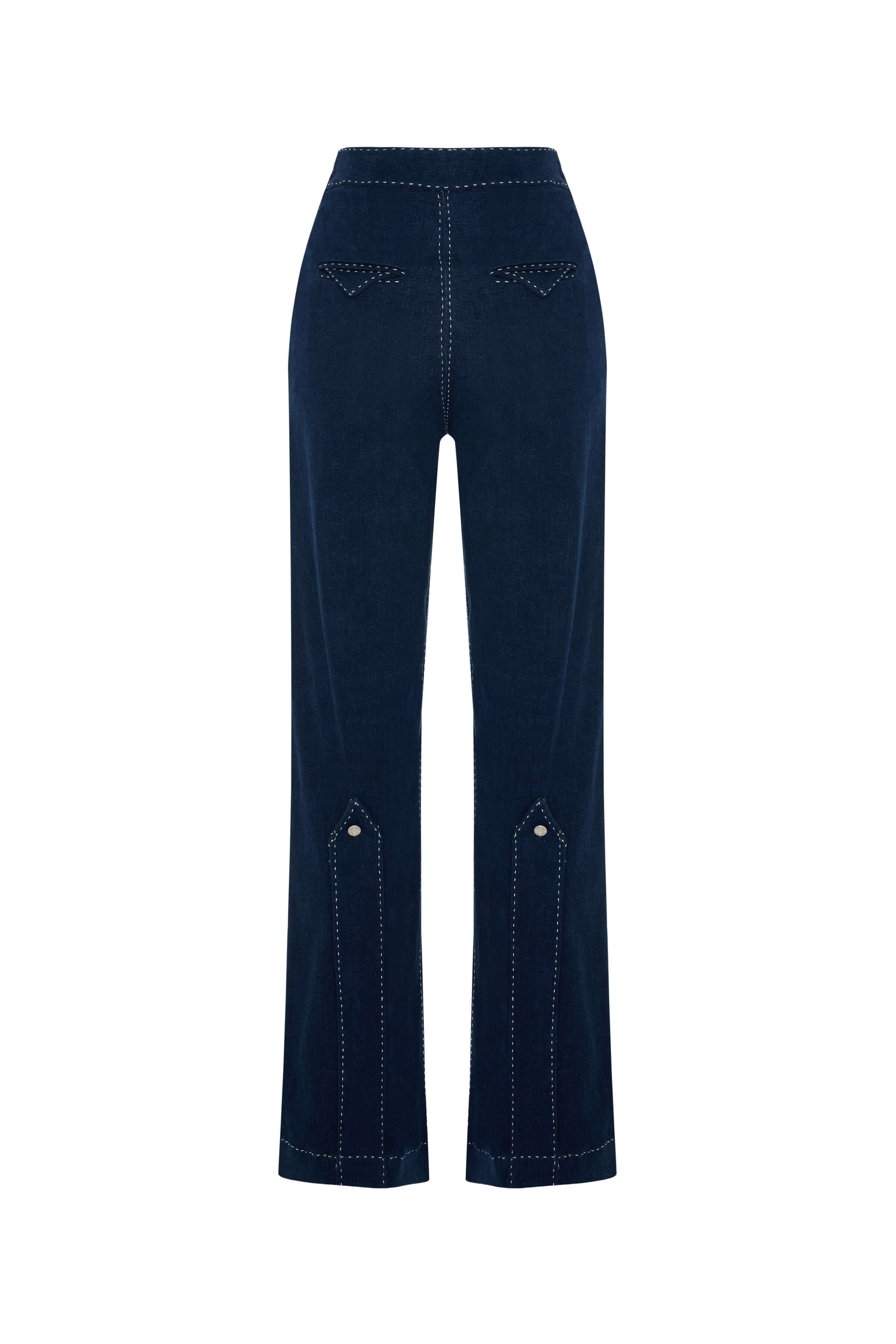 Navy blue JENDUE denim jeans with a high crossover waist and straight legs. The jeans are accented with white contrast stitching.