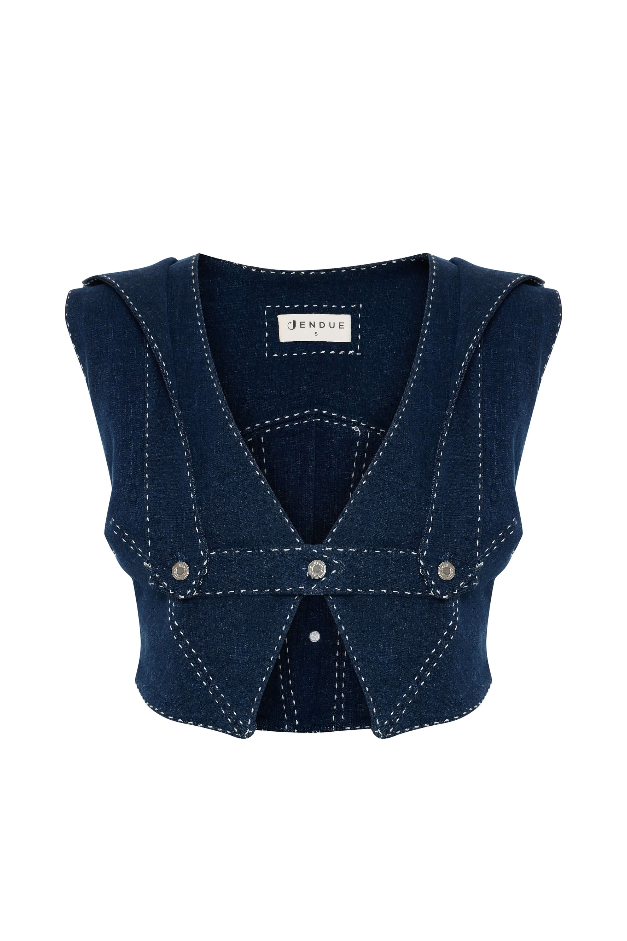 A navy blue denim top with a cropped, vest-like silhouette and prominent white contrast stitching.