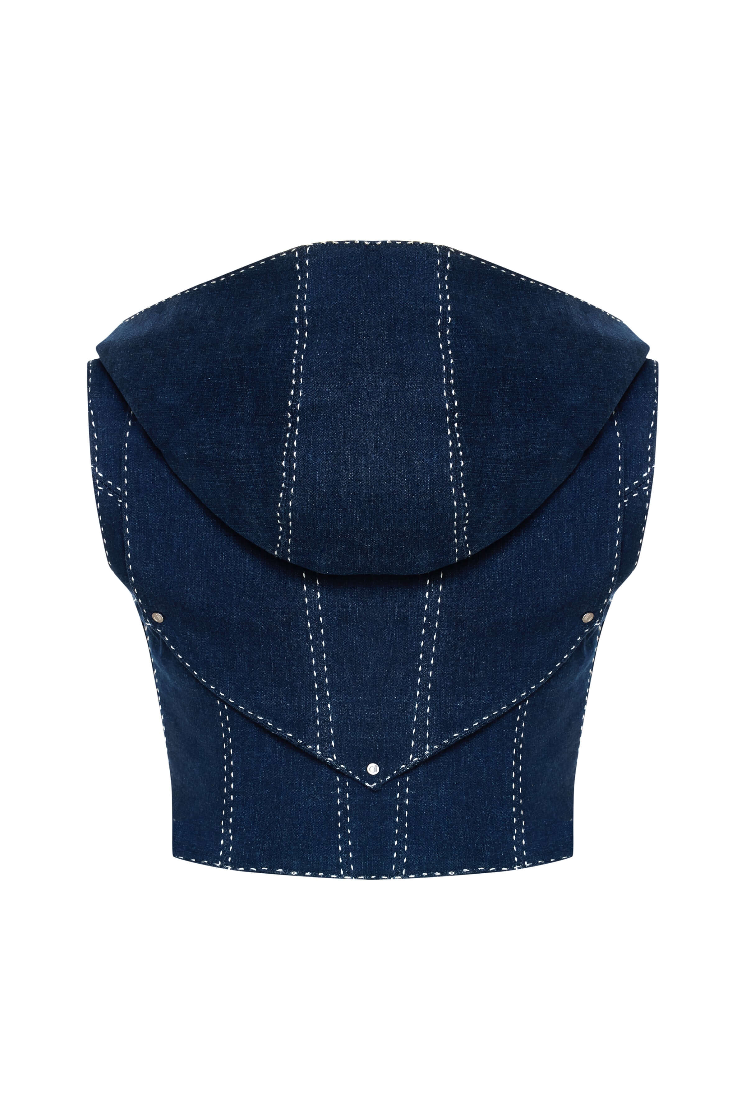Cropped navy denim vest featuring unique pointed panels on the front, accented with white stitching and silver-toned buttons.