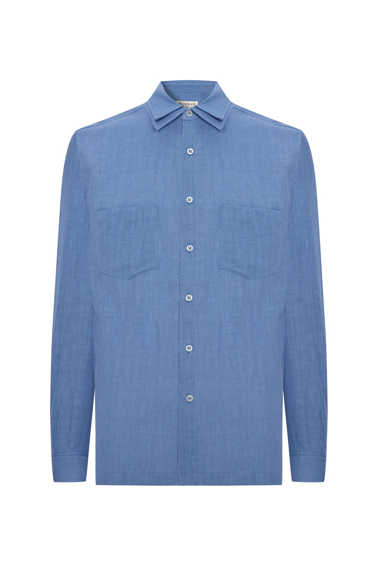 JENDUE blue denim linen shirt: relaxed fit, lightweight, breathable, ideal for summer.