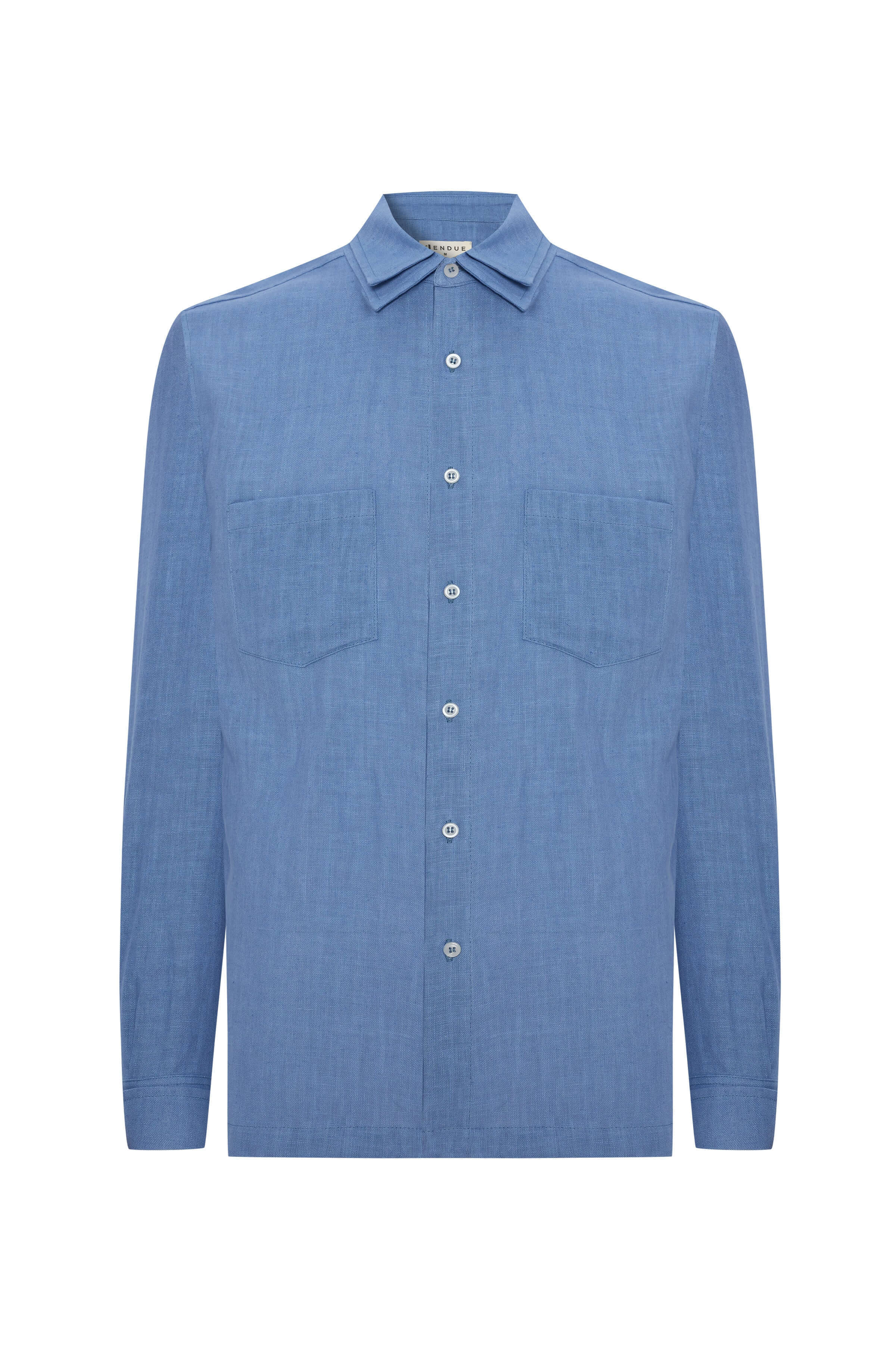JENDUE blue denim linen shirt: relaxed fit, lightweight, breathable, ideal for summer.