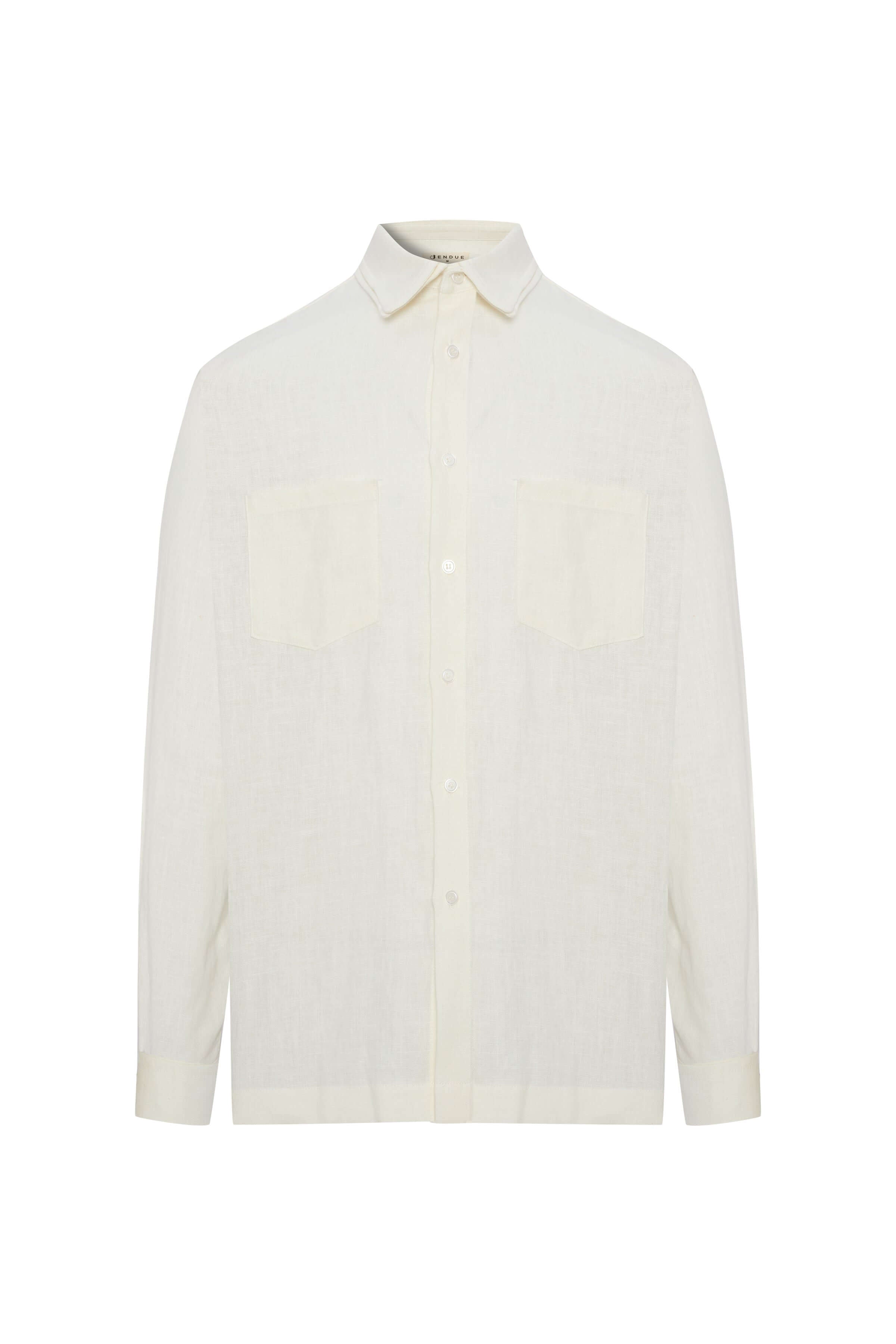 JENDUE white denim linen shirt: relaxed fit, lightweight, and breathable for comfort.