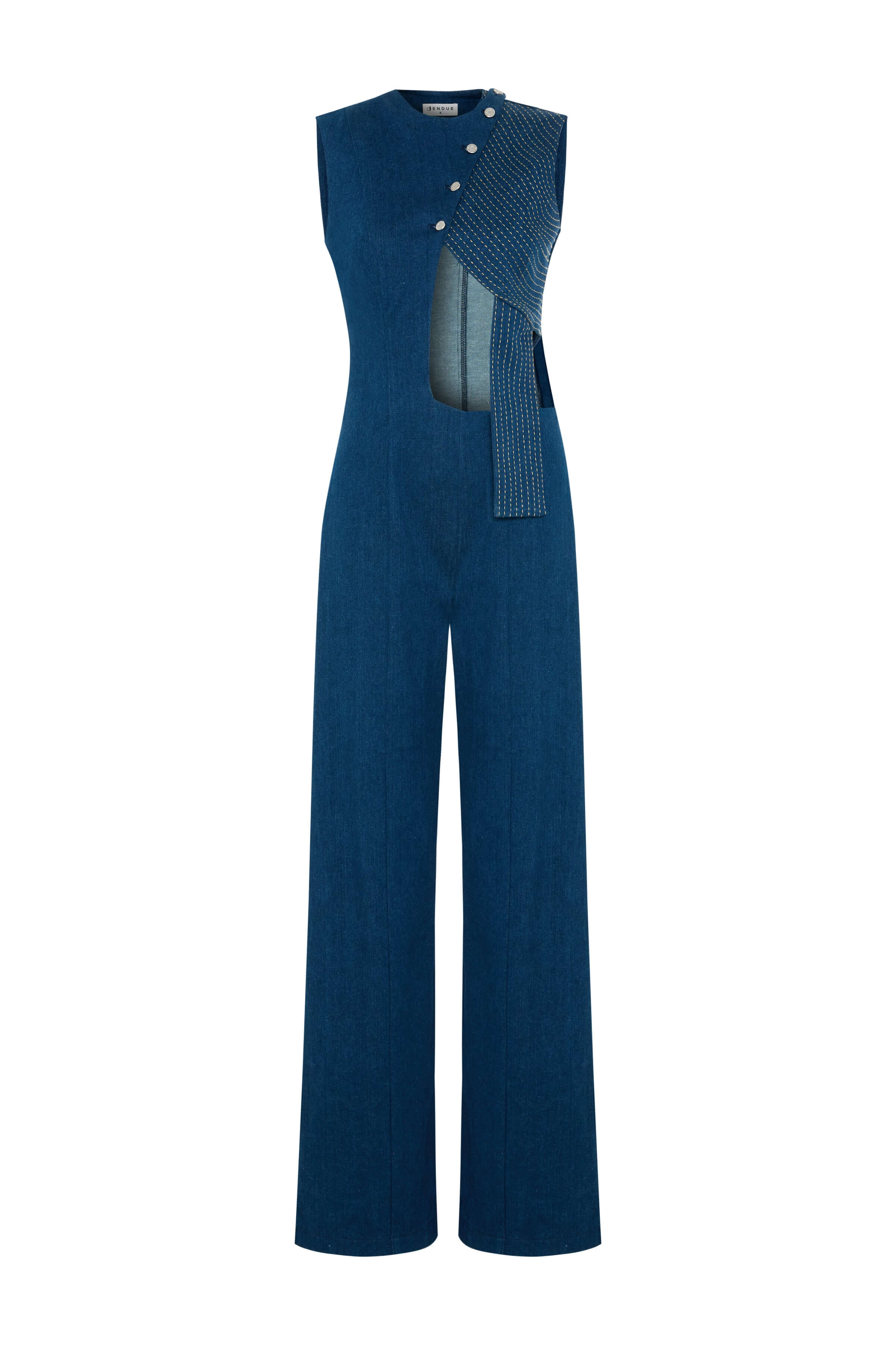 Full-length view of the navy JENDUE denim jumpsuit. It has wide legs, a high waist, and a modern asymmetrical cut-out at the chest.