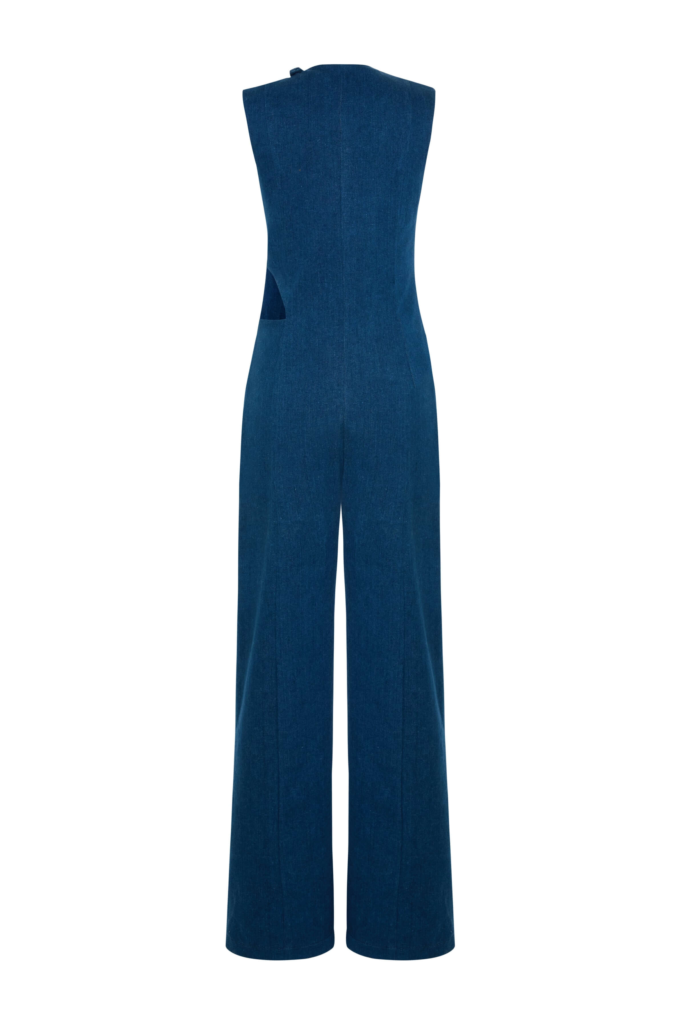 A navy blue, high-waisted denim jumpsuit with wide-leg pants and an elegant diagonal cut-out detail on the torso, embellished with contrasting topstitching.