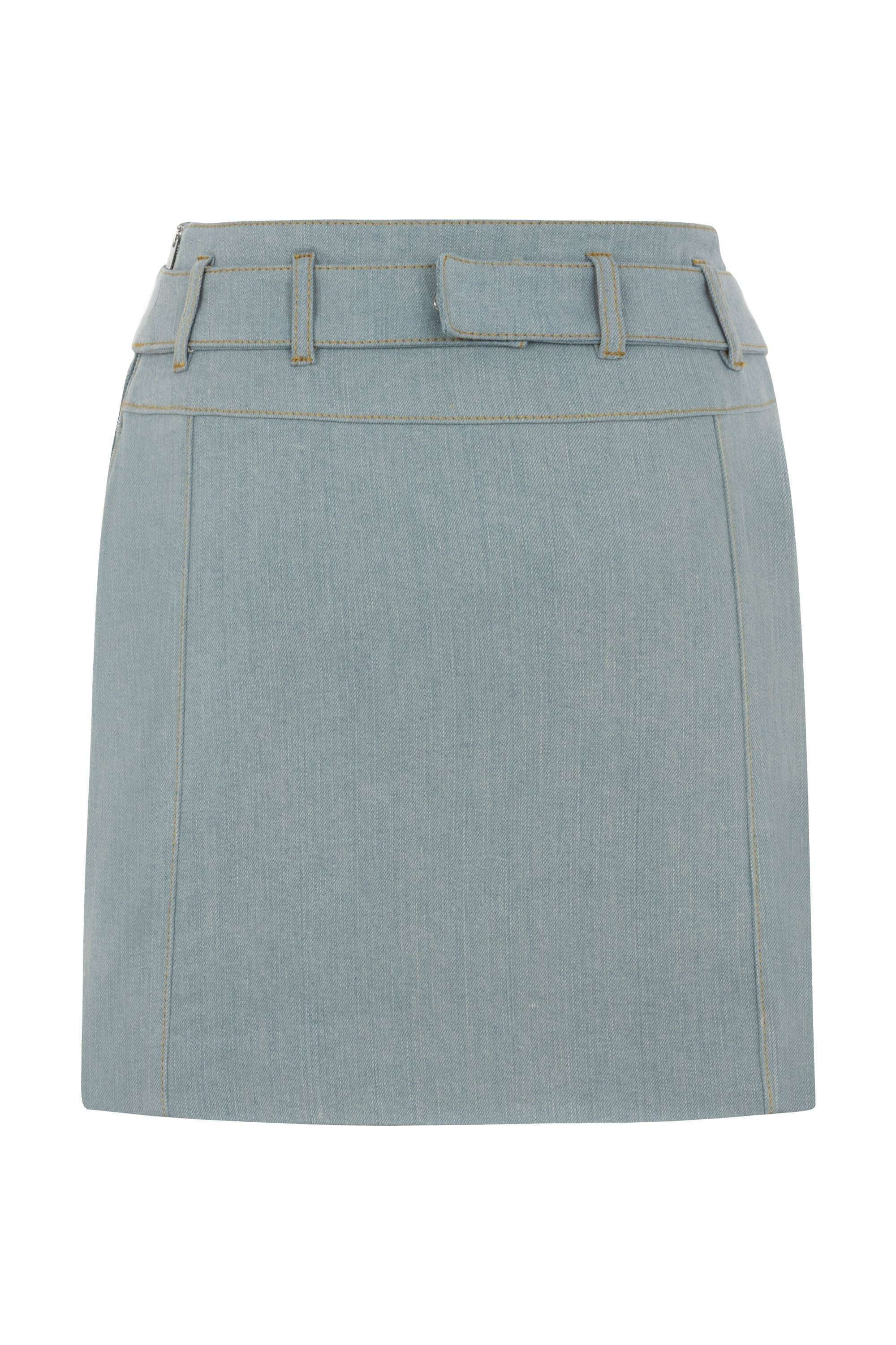 JENDUE stylish light blue denim short skirt, featuring a matching fabric belt and front flap pockets.