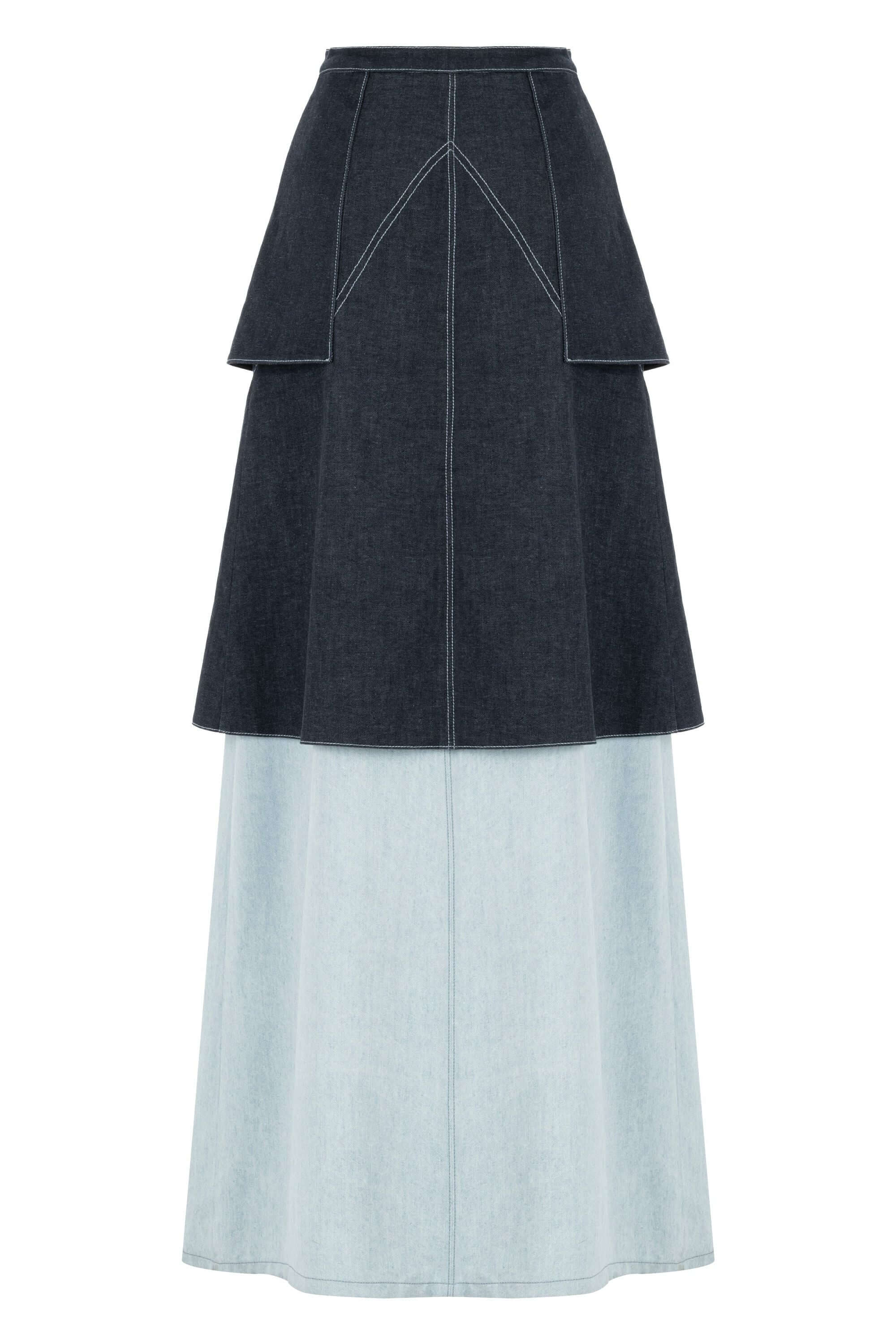 JENDUE stylish blue denim long skirt, featuring a unique split design and high waist.