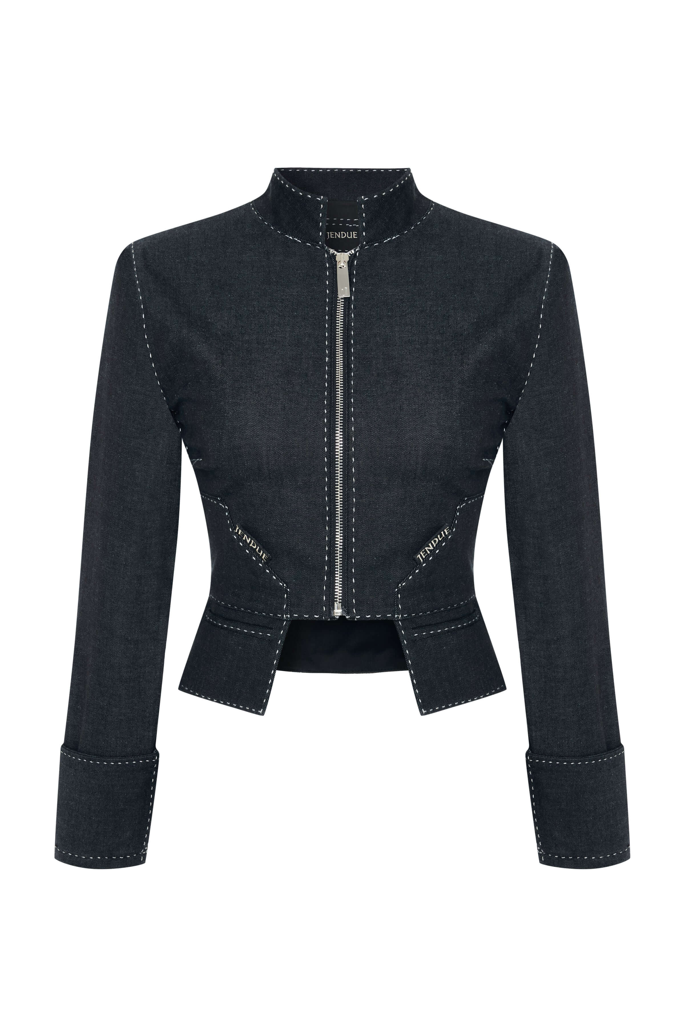 Stylish navy denim jacket with a fitted silhouette, flared hemline, and white seams.