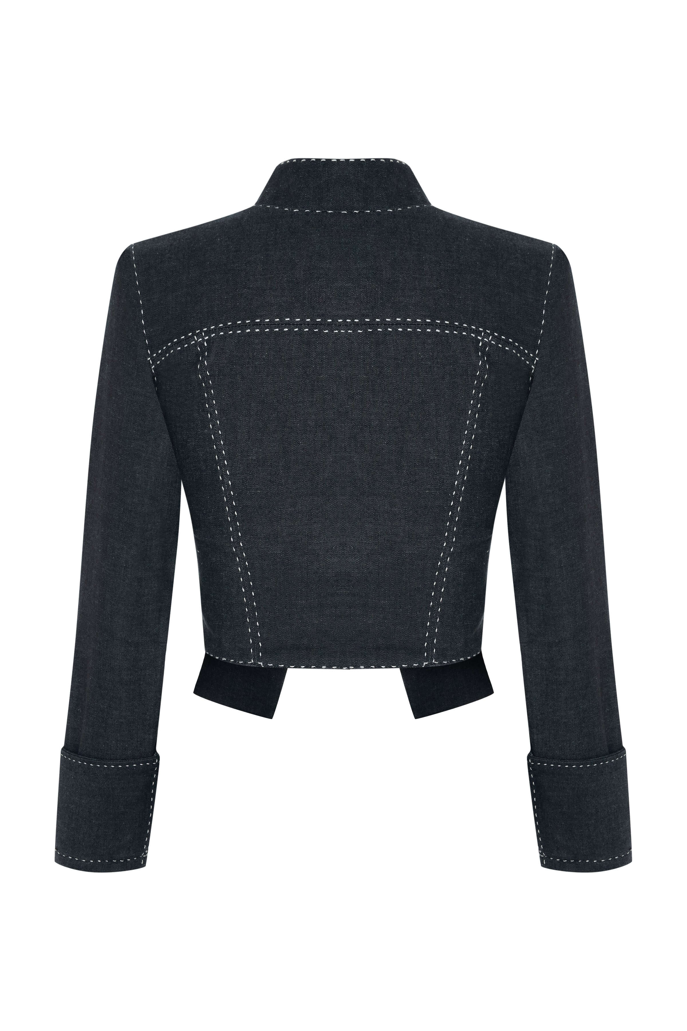 Men's denim jacket, dark blue with stand-up collar and an exposed silver zipper.