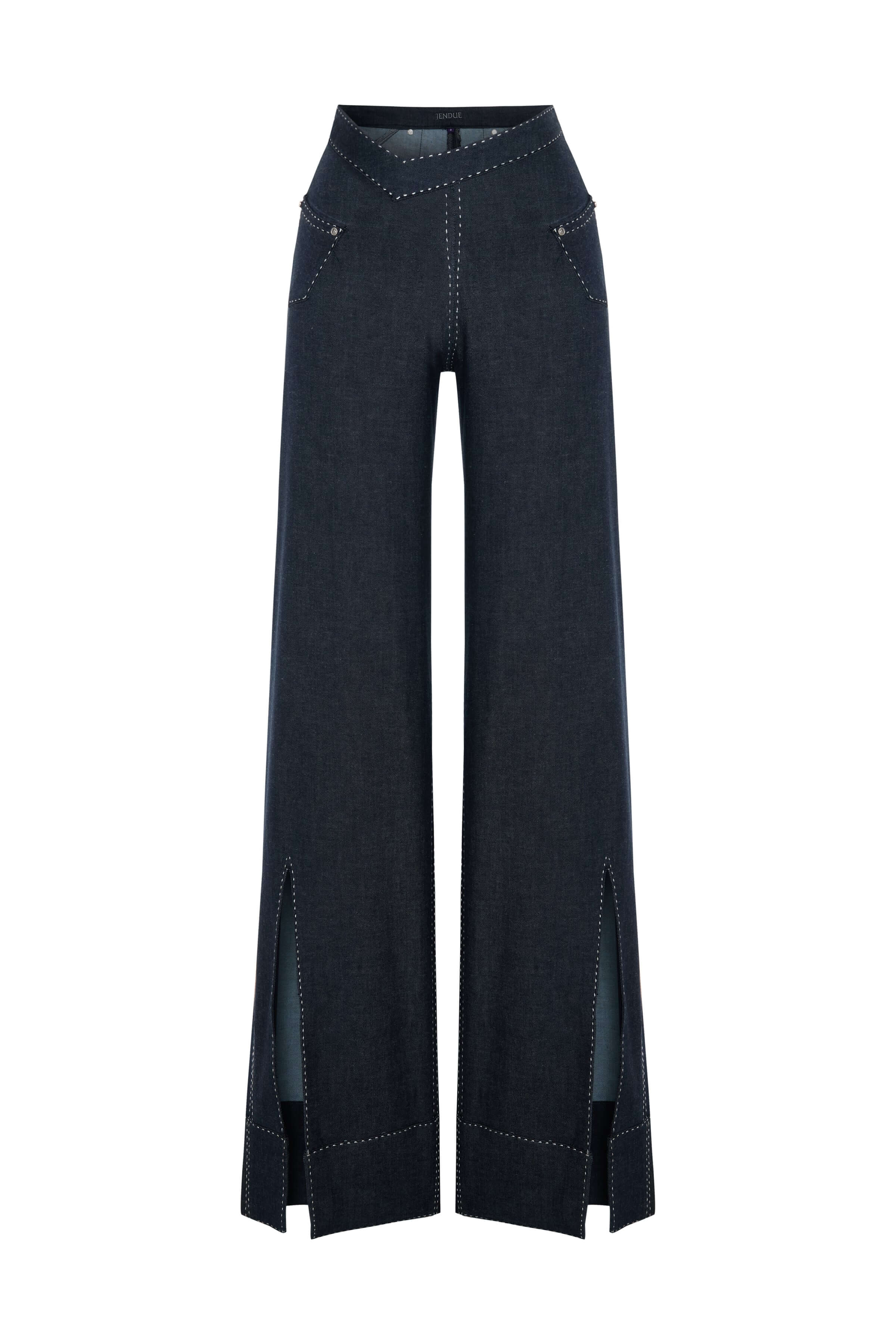 High-waisted, wide-leg denim trousers in a dark wash. The jeans have a crossover V-waist and white topstitching throughout.
