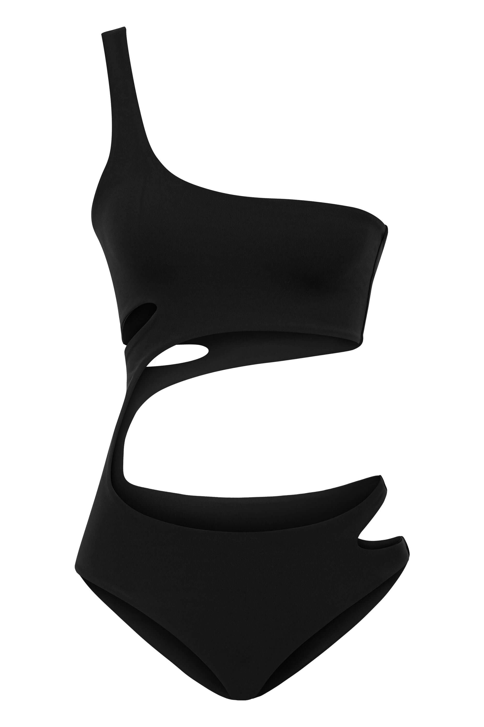 JENDUE black one-shoulder monokini: stylish, with daring side cut-outs and a high leg.