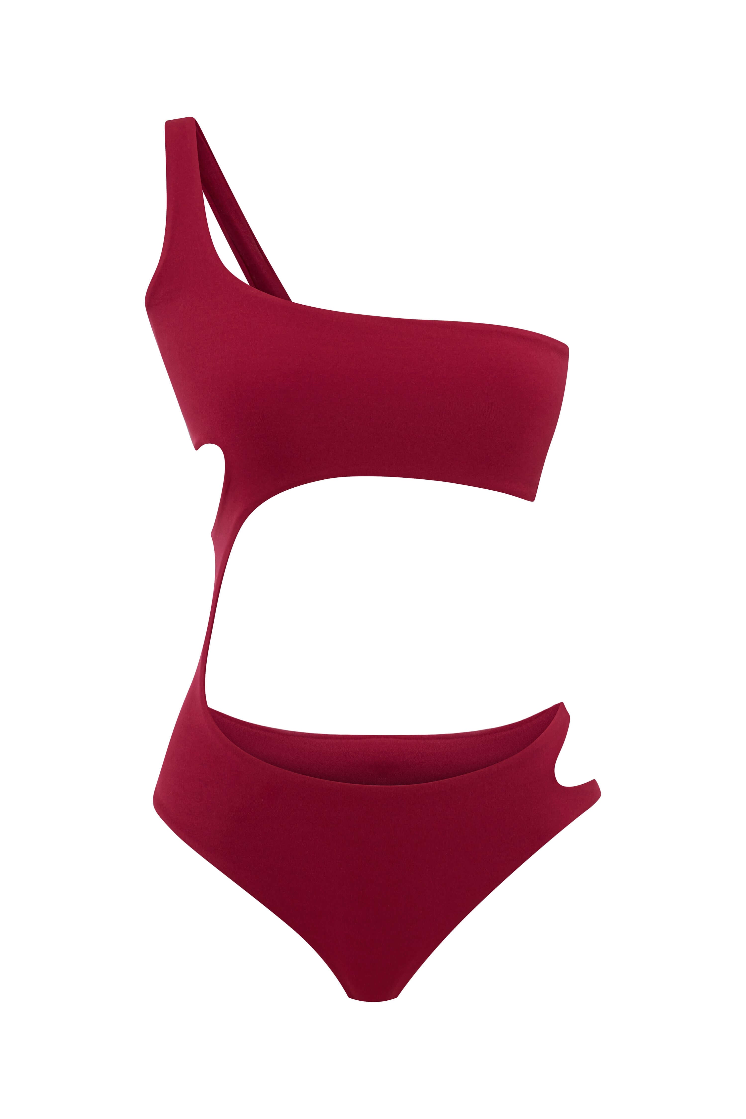 JENDUE cherry one-shoulder monokini: stylish, with daring side cut-outs and a high leg.