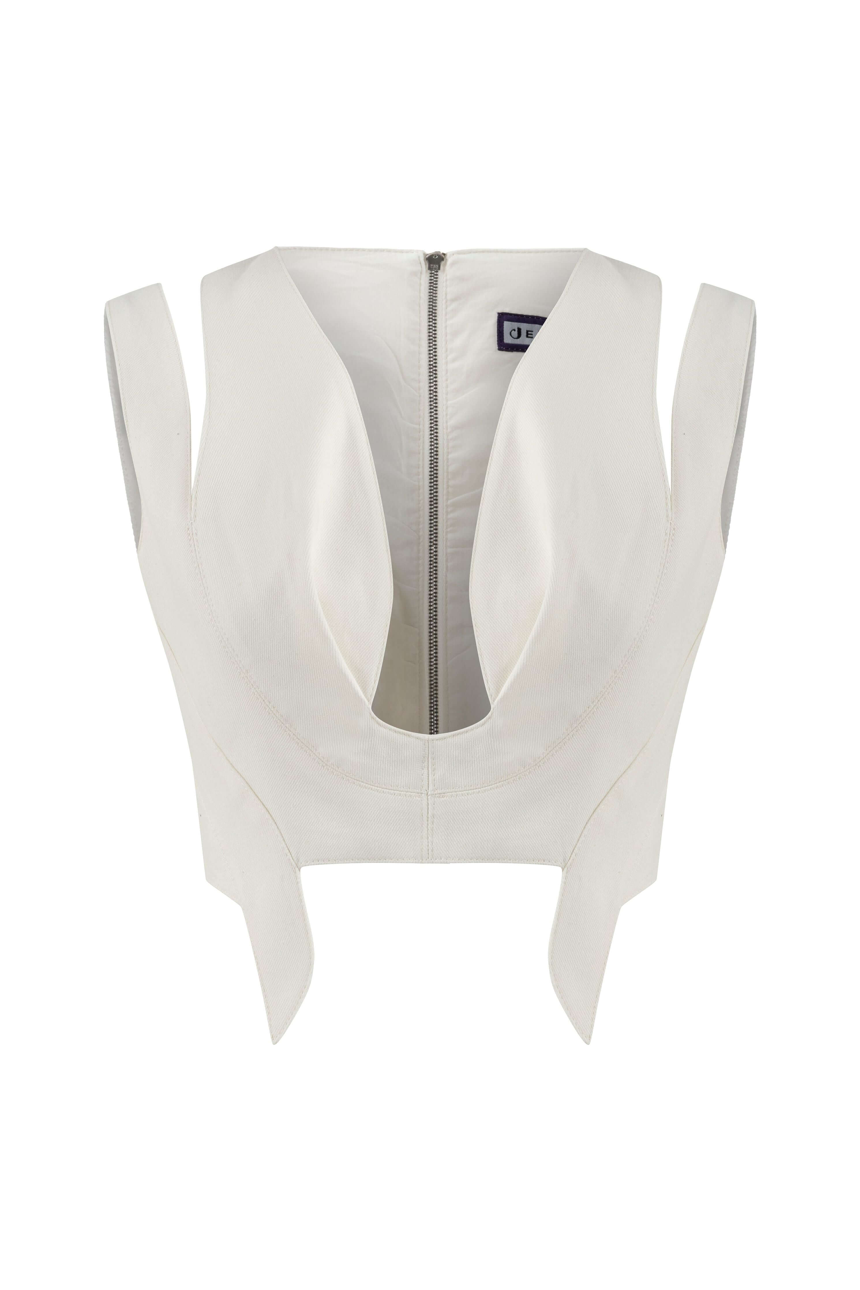 JENDUE white 3D denim crop top: sculptural cutout, back zip, modern design.