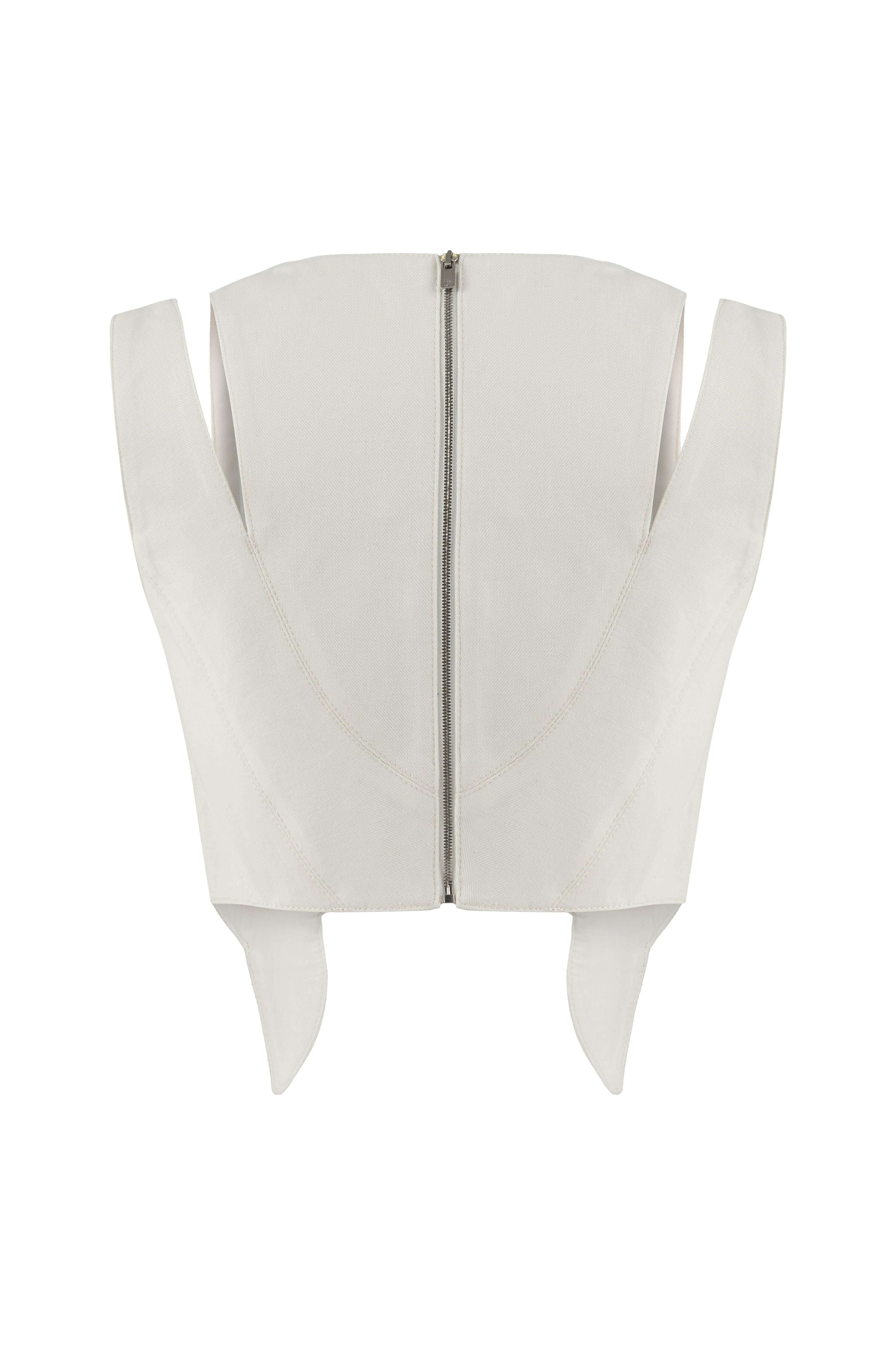 JENDUE chic white denim top, featuring unique layered panels and a structured silhouette.