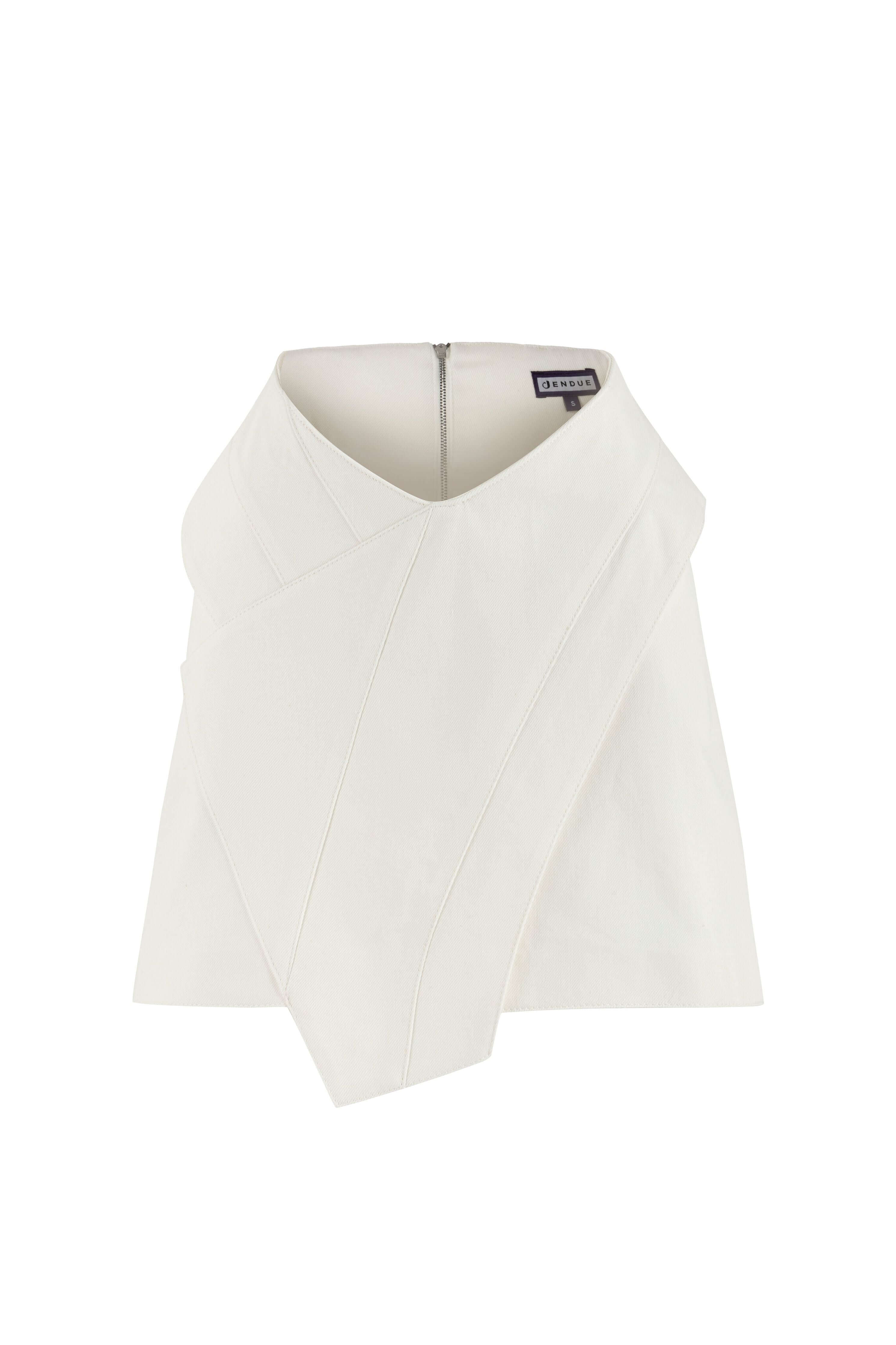 JENDUE white 3D denim mini skirt: unique asymmetrical design, high-waisted.