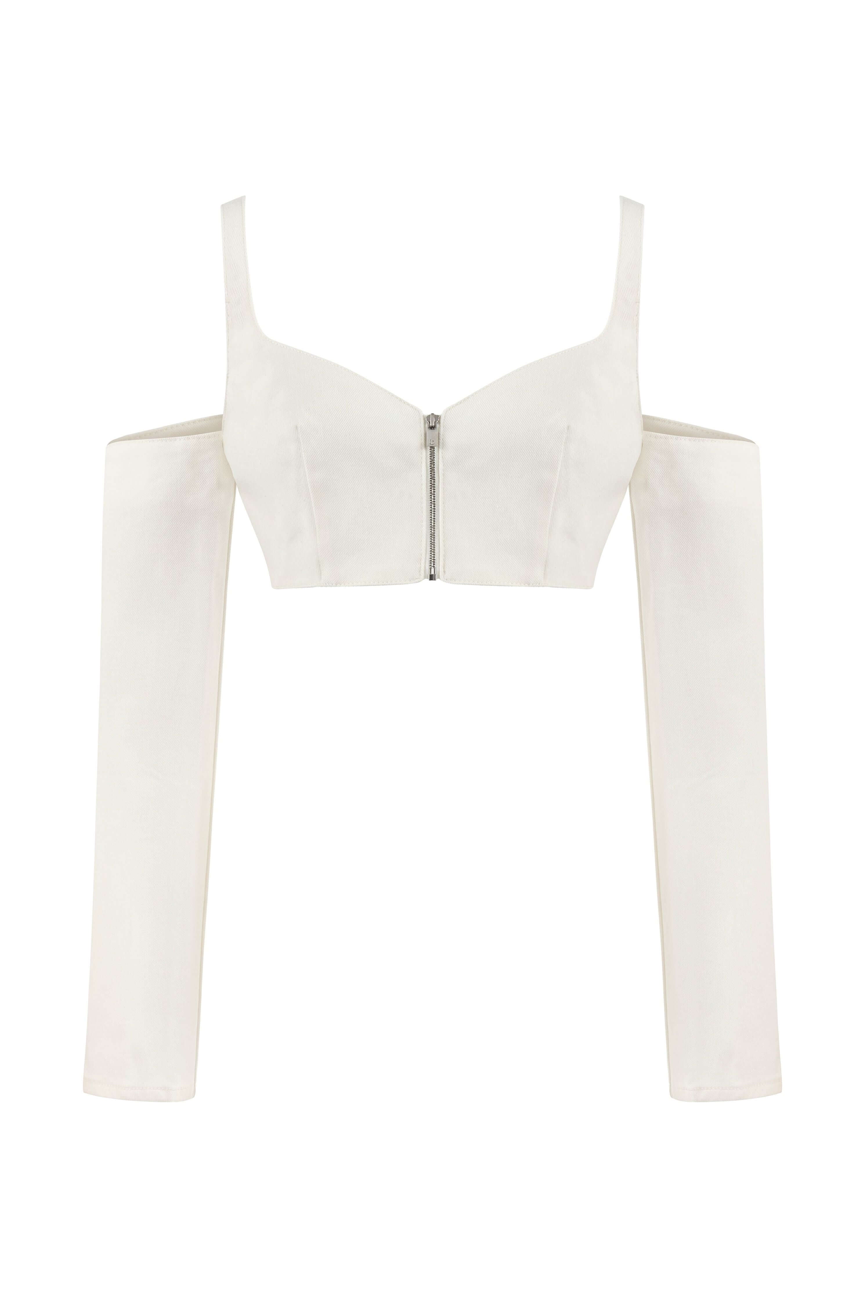 JENDUE white off-shoulder denim crop top: long sleeve, stylish, and modern.