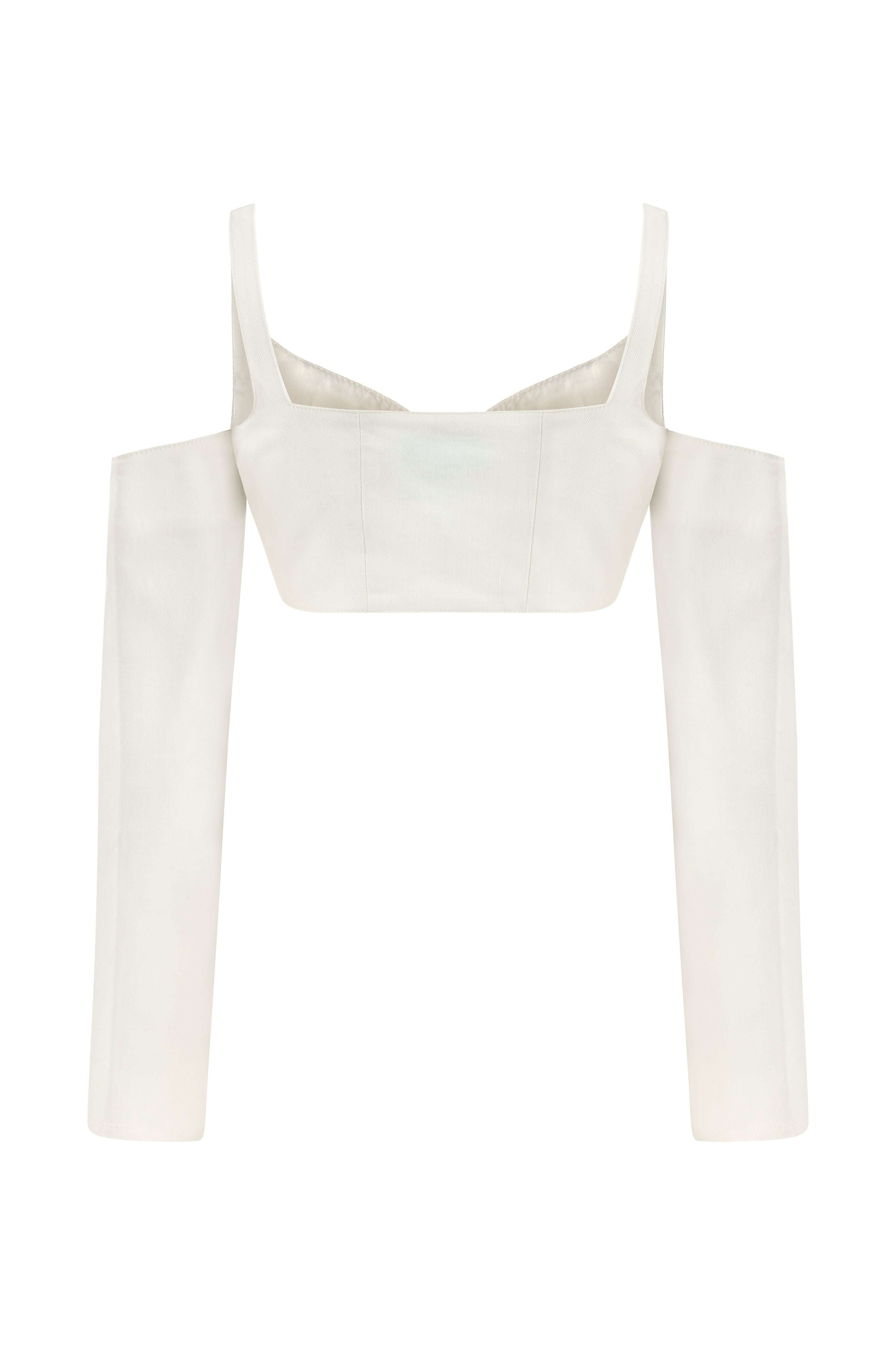 JENDUE chic white denim top featuring a wide neckline, exposed shoulders, and a cropped fit.