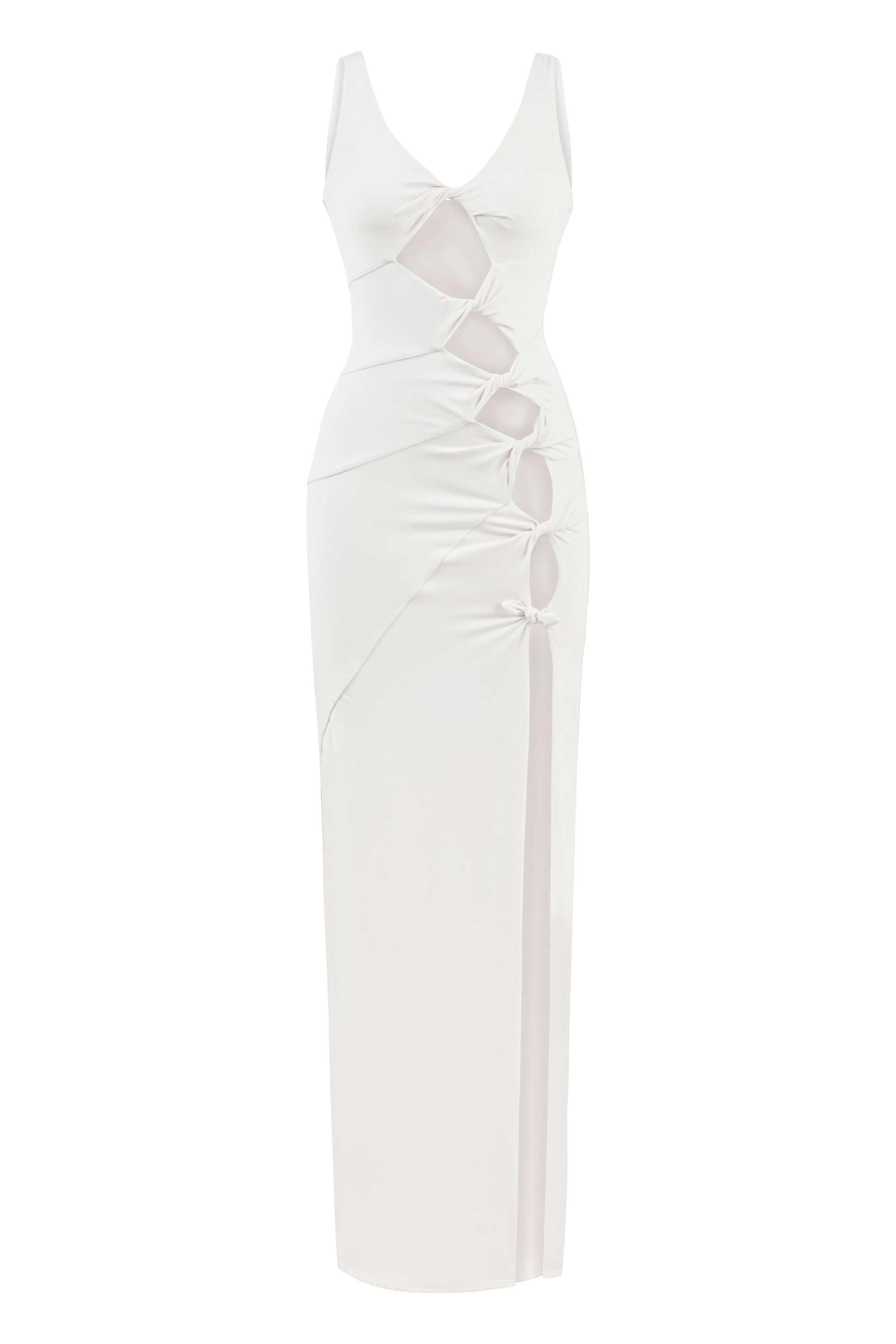JENDUE white denim maxi dress: elegant, with stylish waist cut-outs and a high slit.