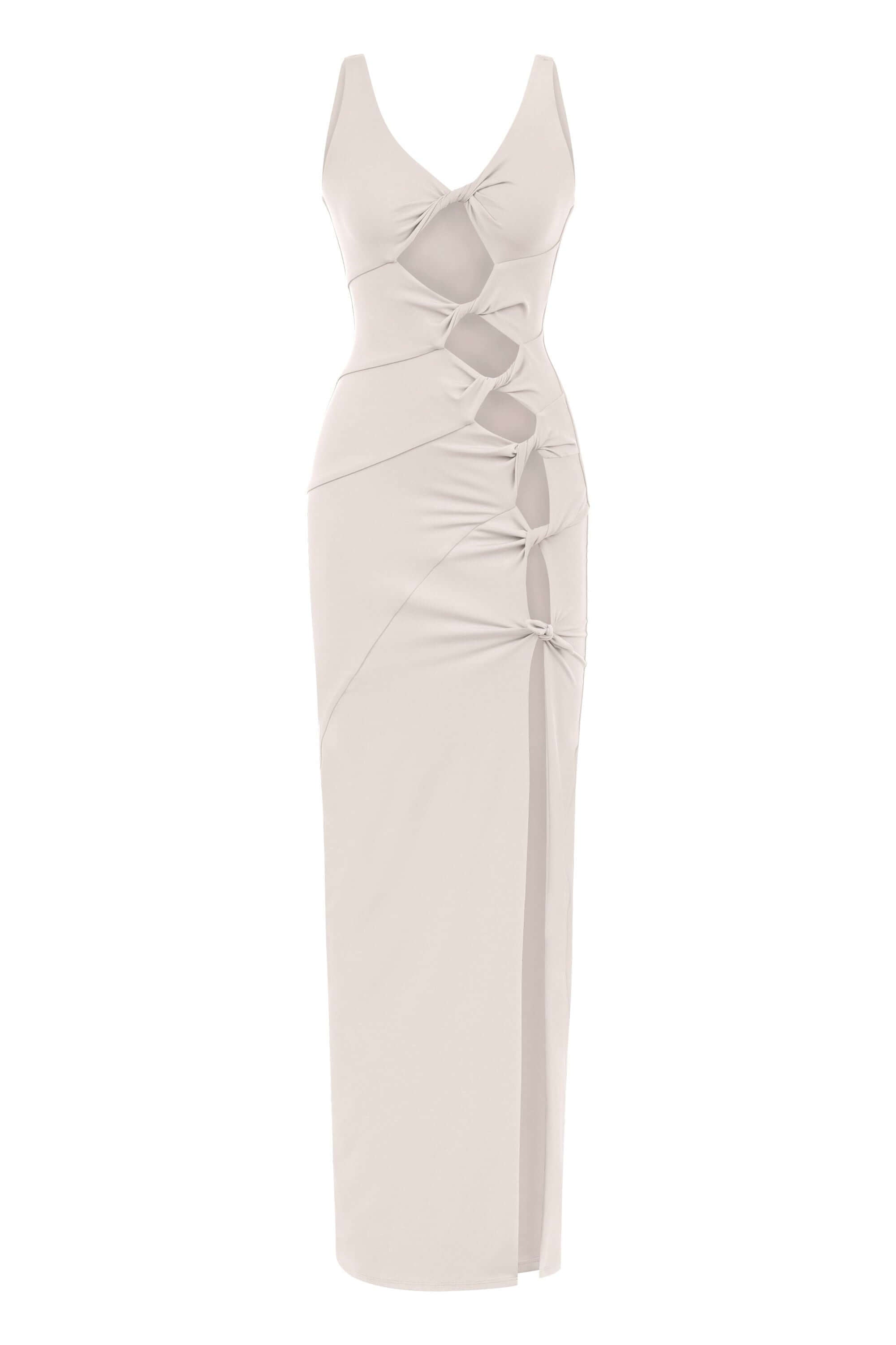 JENDUE beige denim maxi dress: elegant, with stylish waist cut-outs and a high slit.