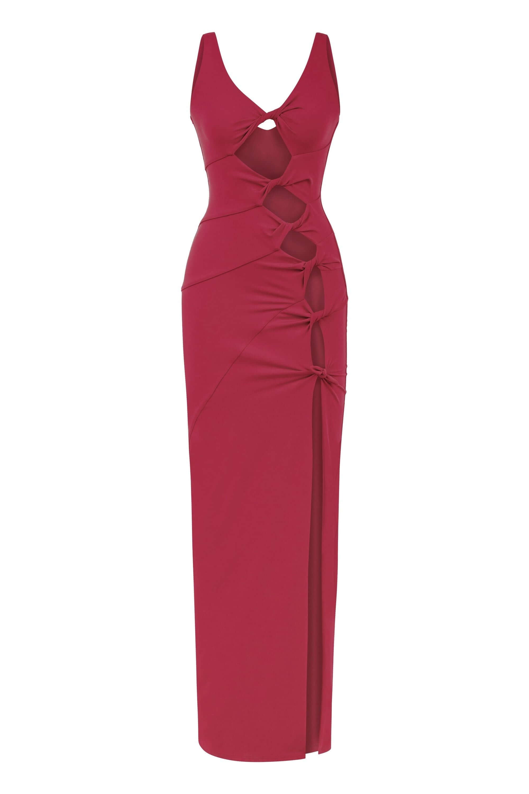JENDUE chic cherry red denim long dress, featuring a round neck, long sleeves, and a flattering fit.