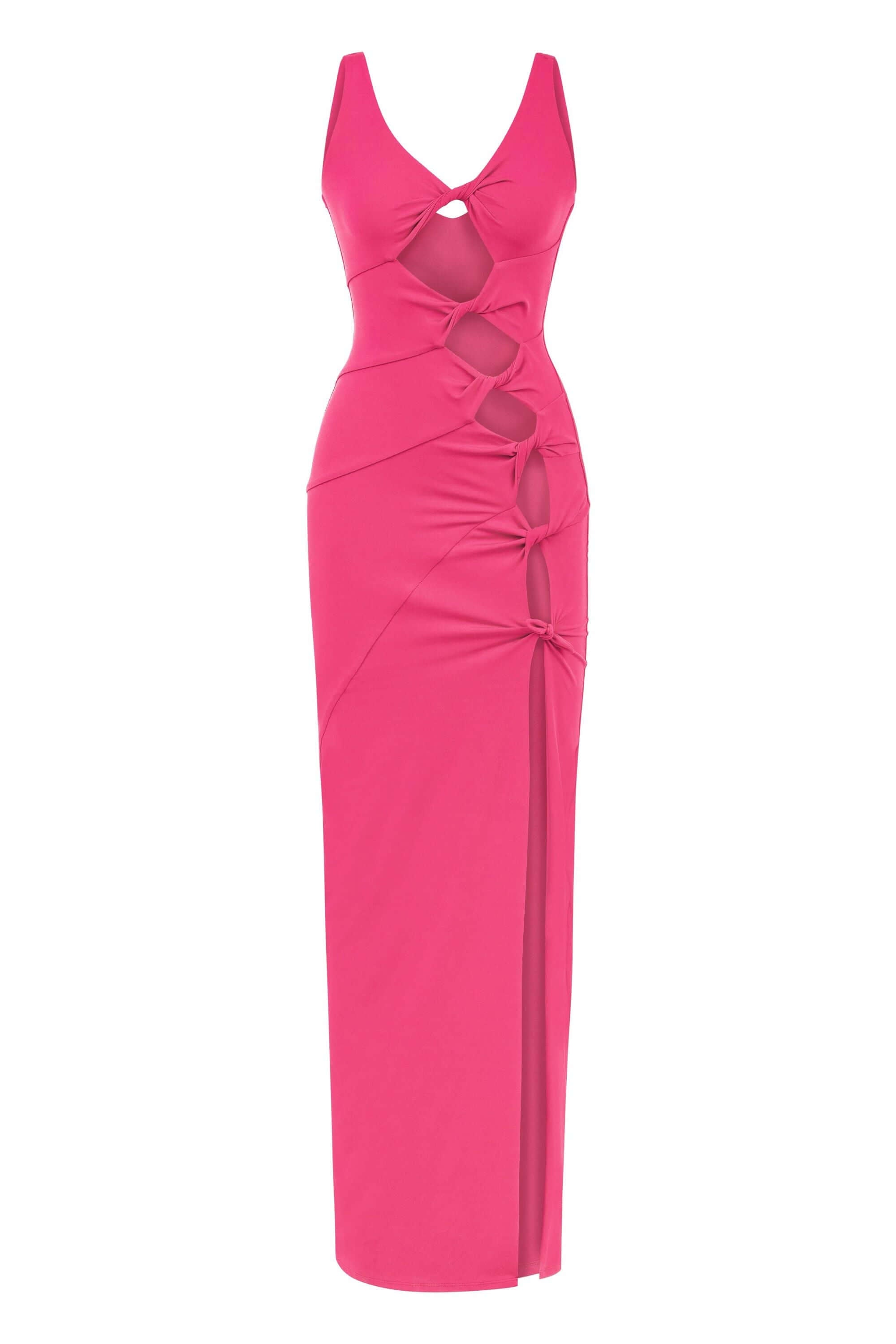 JENDUE chic pink denim long dress, featuring a round neck, long sleeves, and a flattering fit.