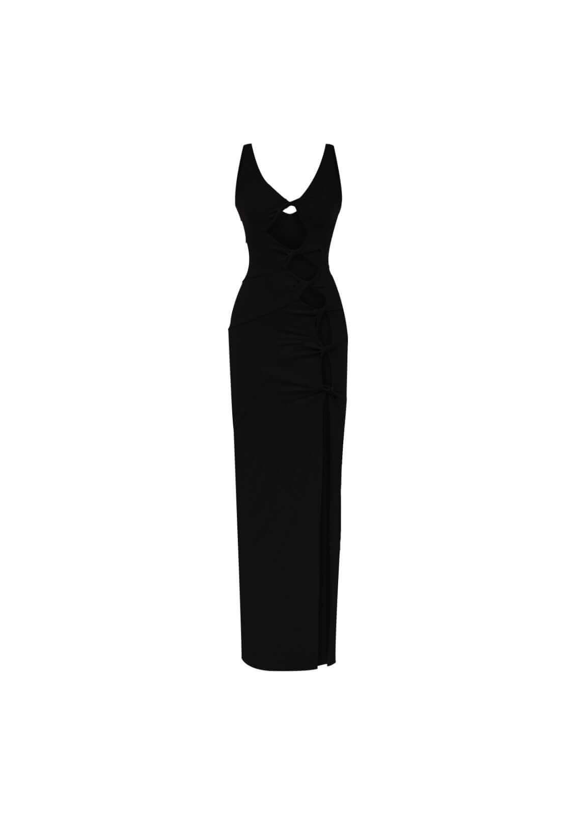 JENDUE chic black denim long dress, featuring a round neck, long sleeves, and a flattering fit.