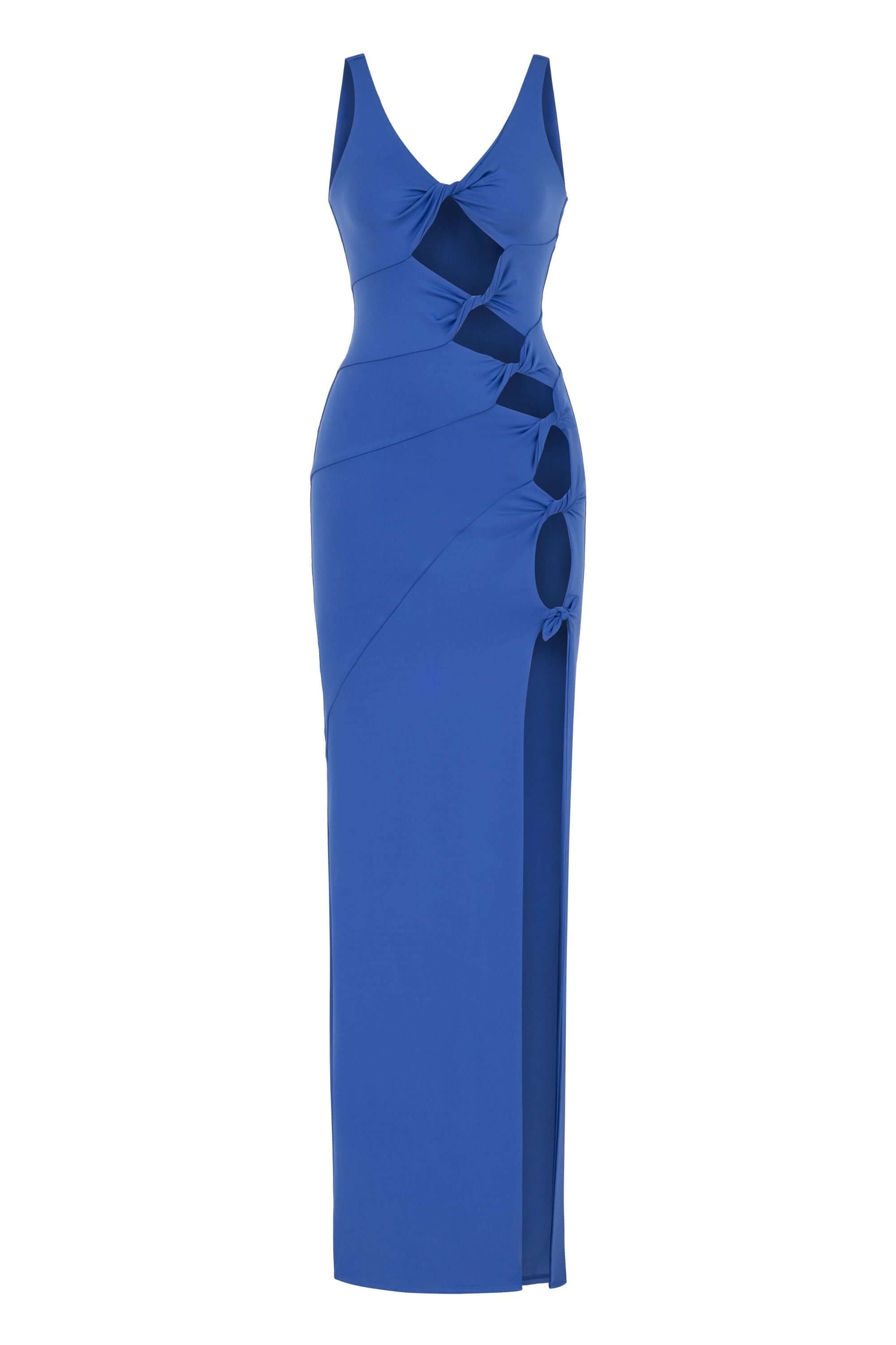 JENDUE fashionable dark blue denim maxi dress with a sophisticated cutout and a graceful drape.
