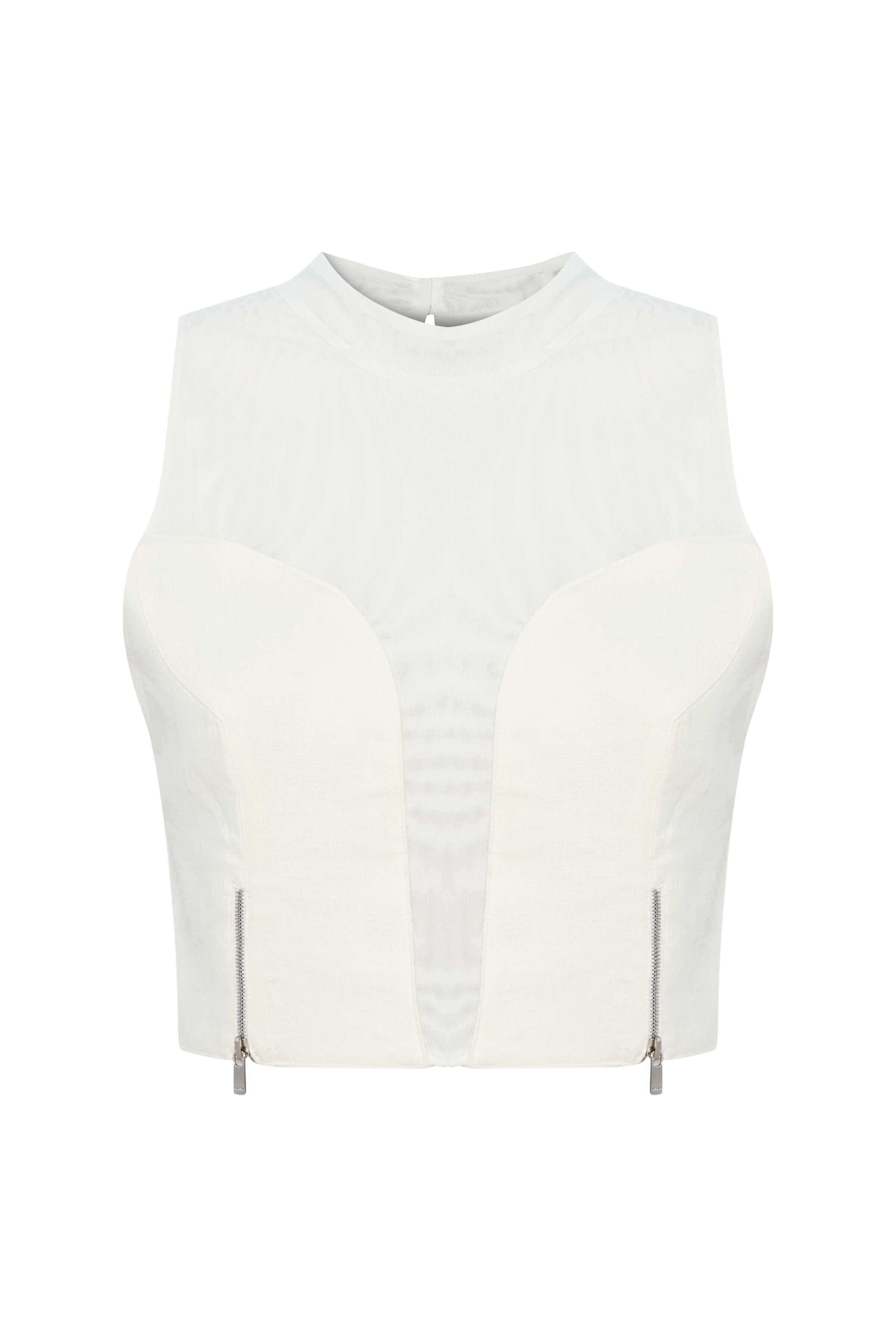 JENDUE white crop top: sheer denim and linen, with a mock neck and exposed zippers.