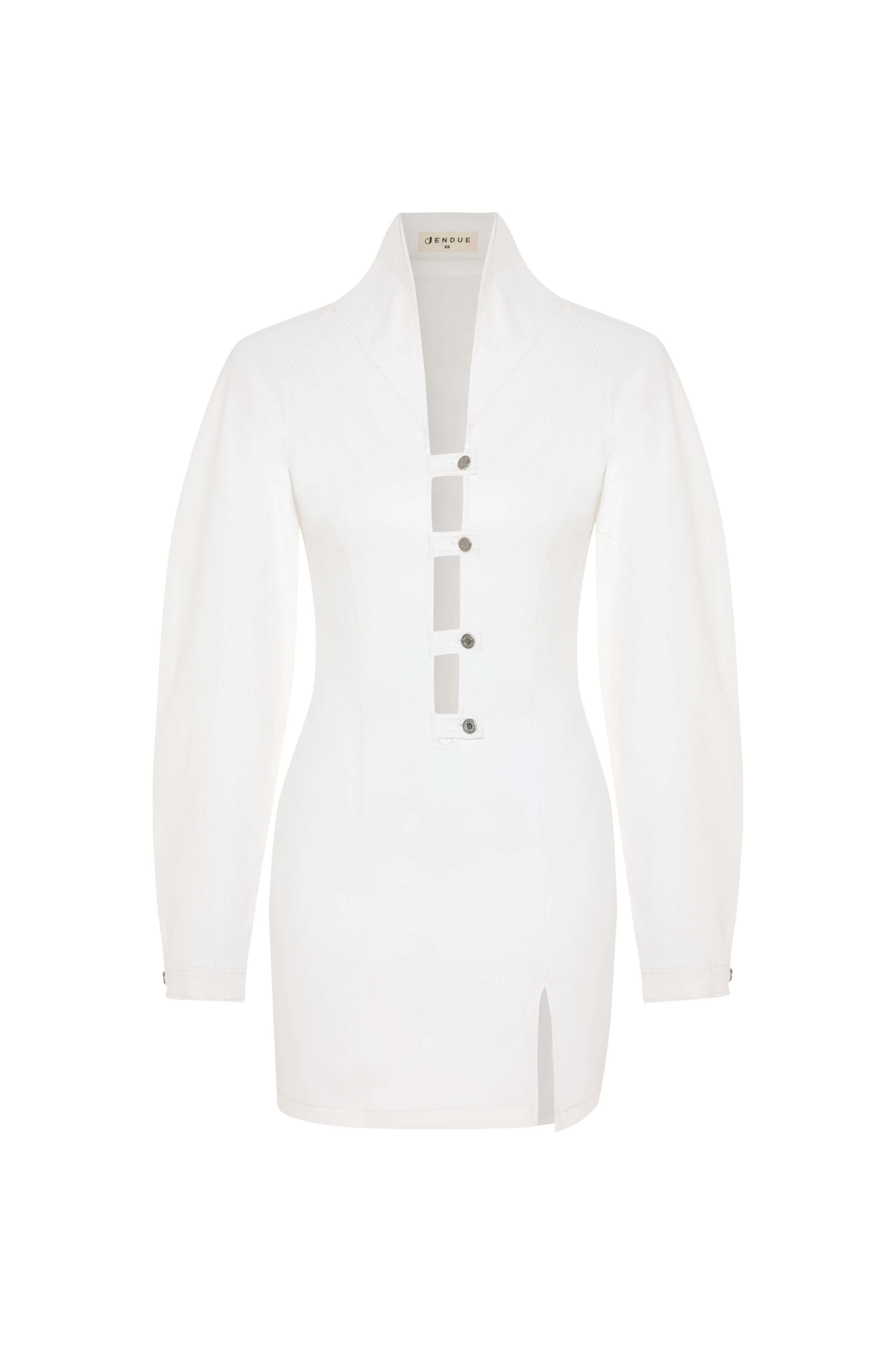 High-collared white mini dress with a fitted waist, full sleeves, and a thigh slit on one side.