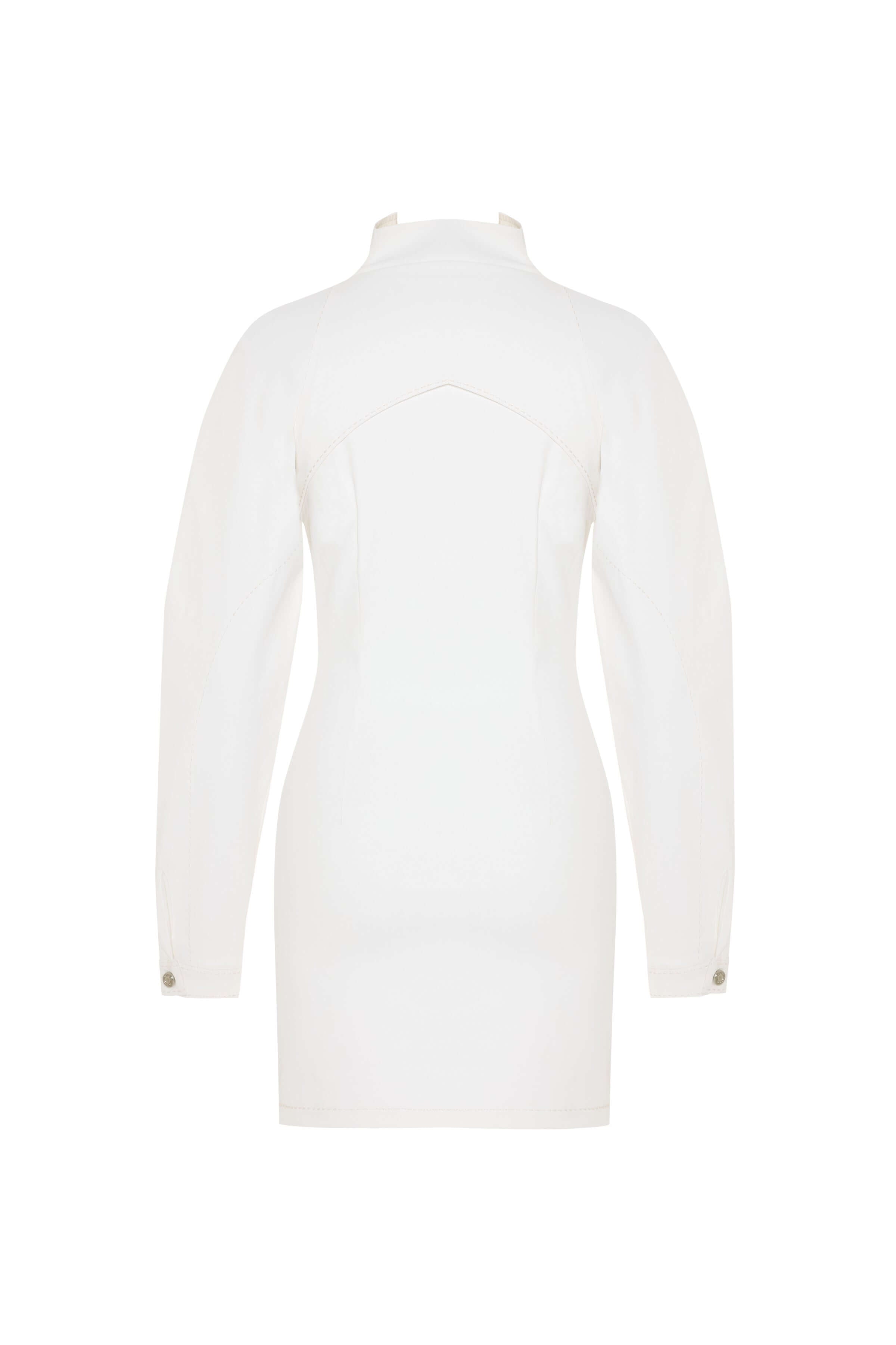 Stylish white denim dress featuring a structured high collar, three front cutouts, and long, puffy sleeves.