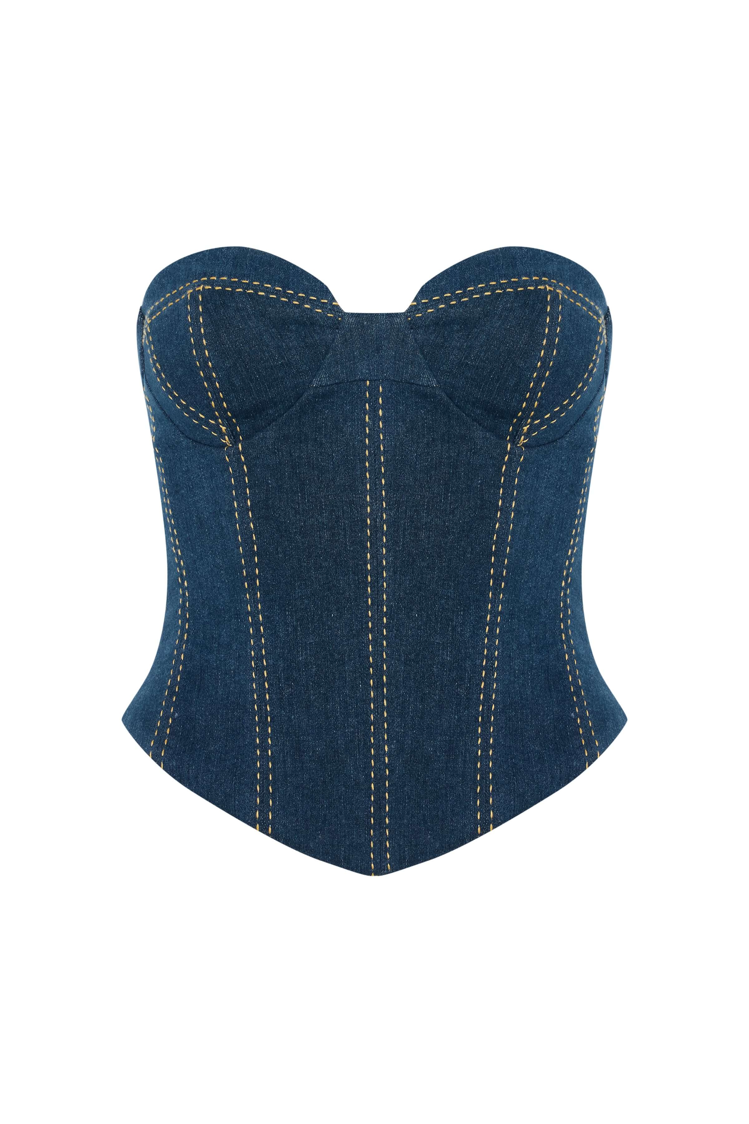 Strapless navy blue denim crop top featuring a corset design and decorative yellow topstitching.