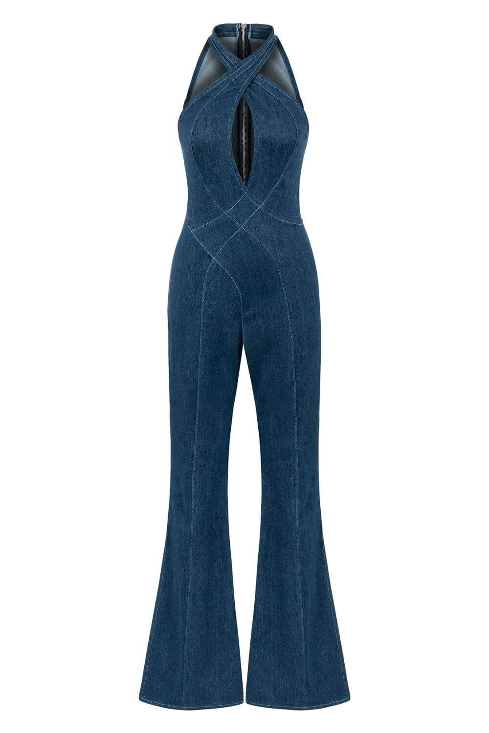 JENDUE blue denim maxi jumpsuit: halter neck, flare leg, and stylish backless design.