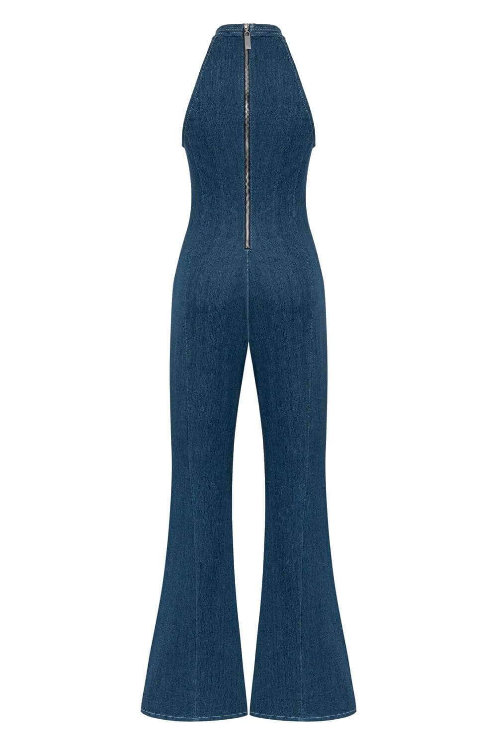 JENDUE chic dark blue denim jumpsuit with a flattering halter neckline and wide, flowing legs.