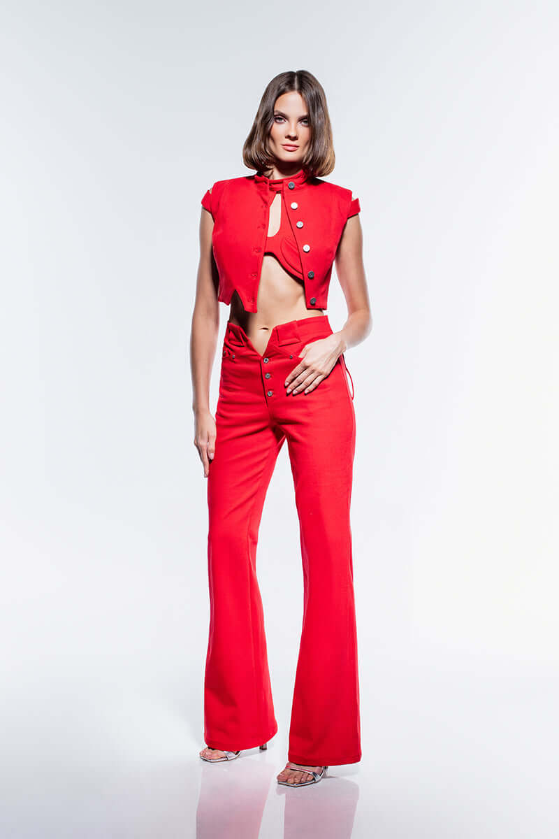 A red denim crop top, the JENDUE Soul Flame, shown on a white background, featuring silver buttons.