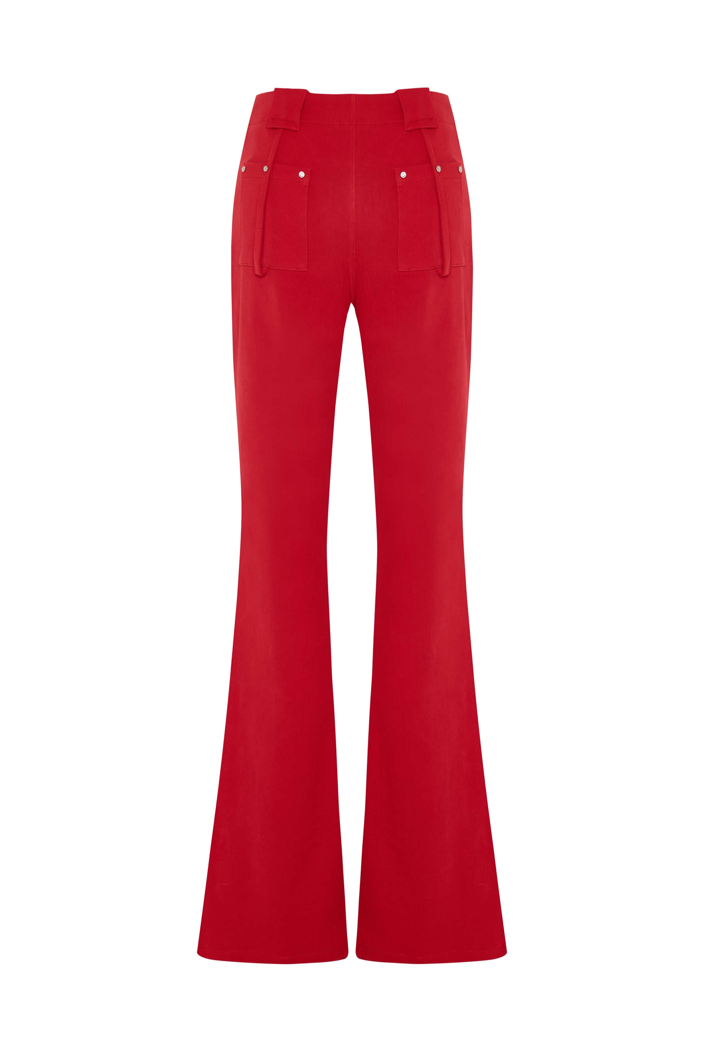 Front view of vibrant red, high-waist denim pants with a button fly and bell-bottom silhouette.