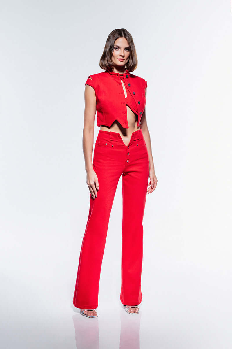 JENDUE Soul Flame Denim Jeans: striking red, high-waisted, and full-length with a subtle bootcut flare.