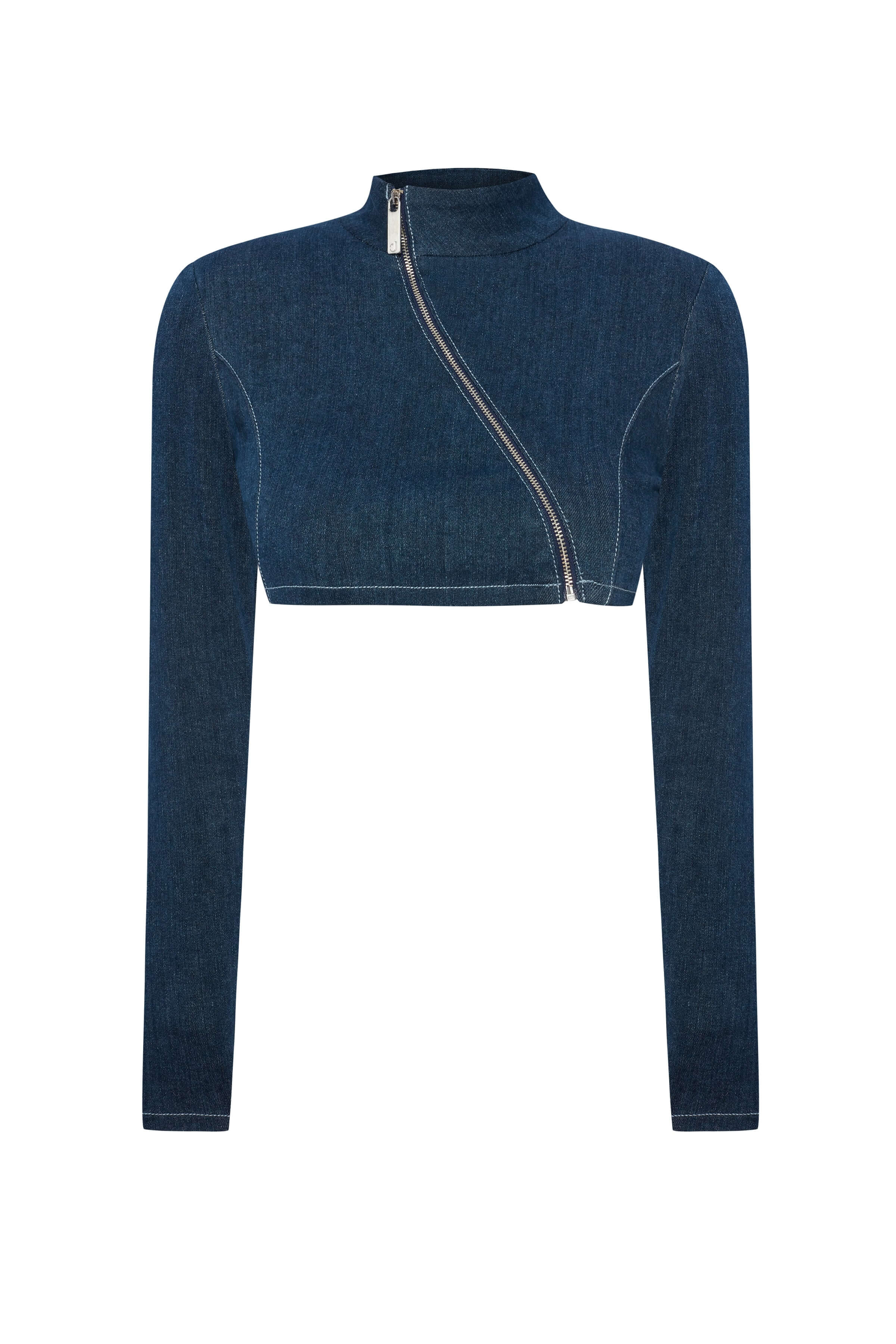 JENDUE blue denim cropped jacket: asymmetrical zip, mock neck, and long sleeves. Edgy style.