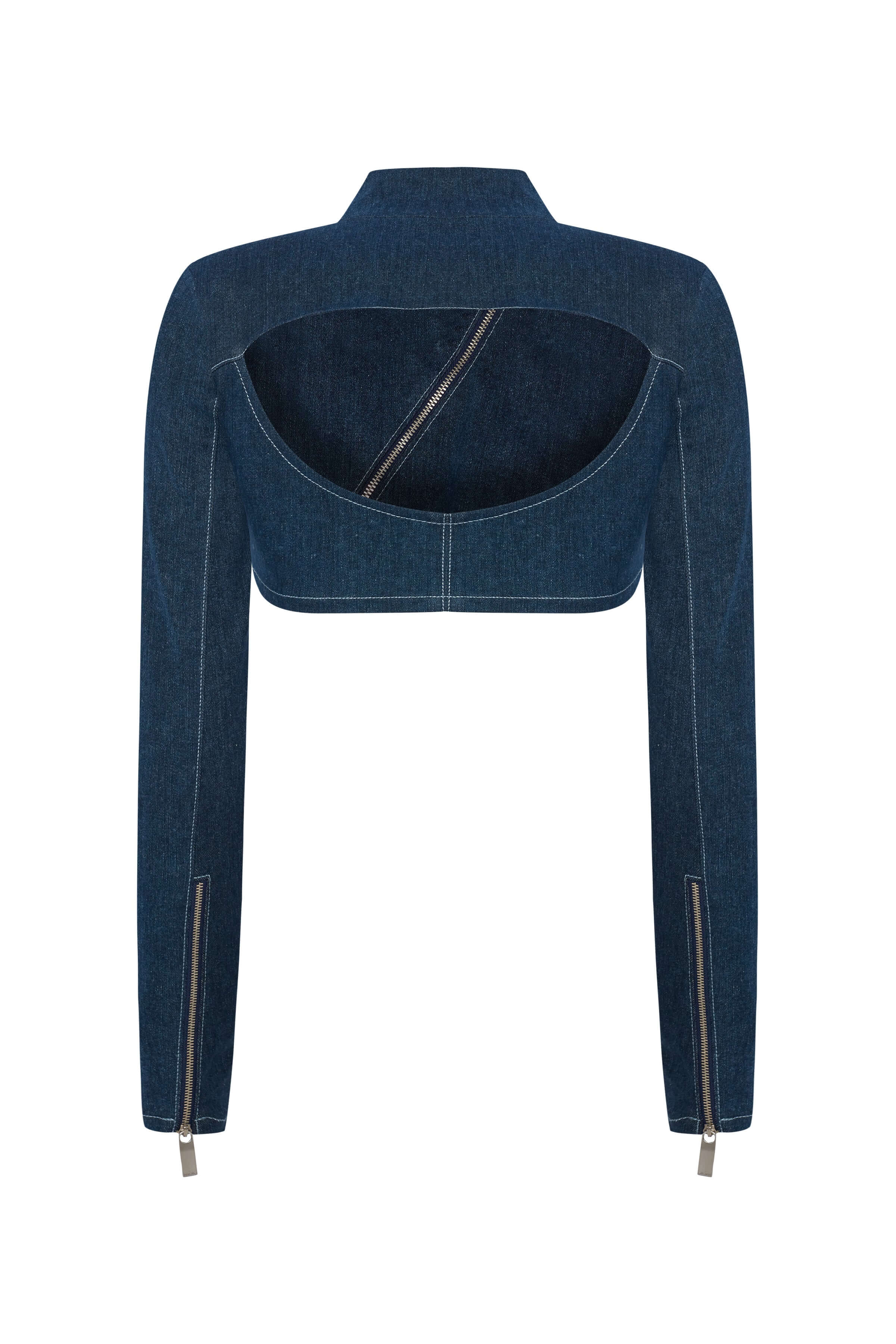 JENDUE Modern blue denim crop top jacket with a distinctive asymmetrical zipper and high collar.
