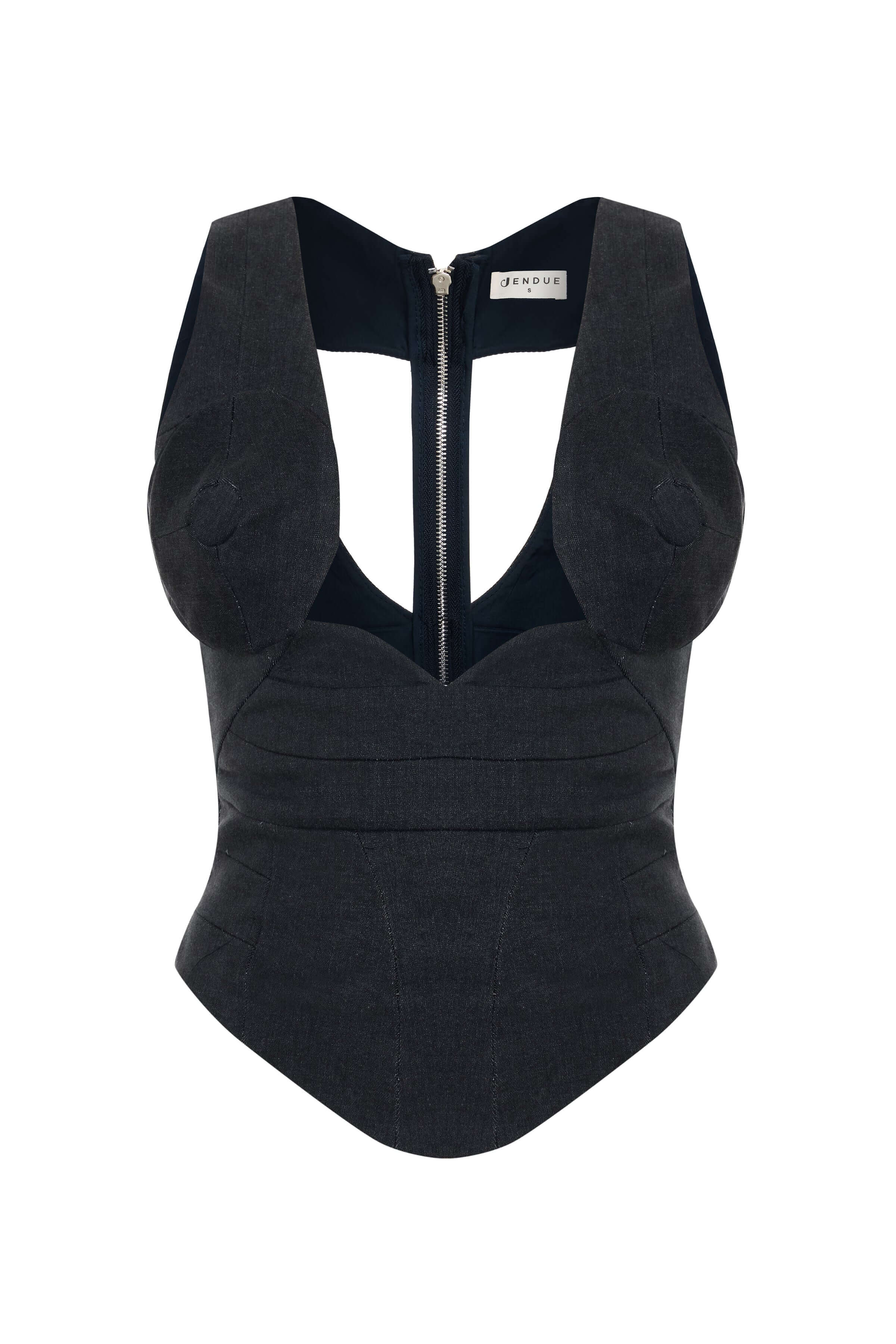 Black V-neck denim corset top with a silver front zipper.