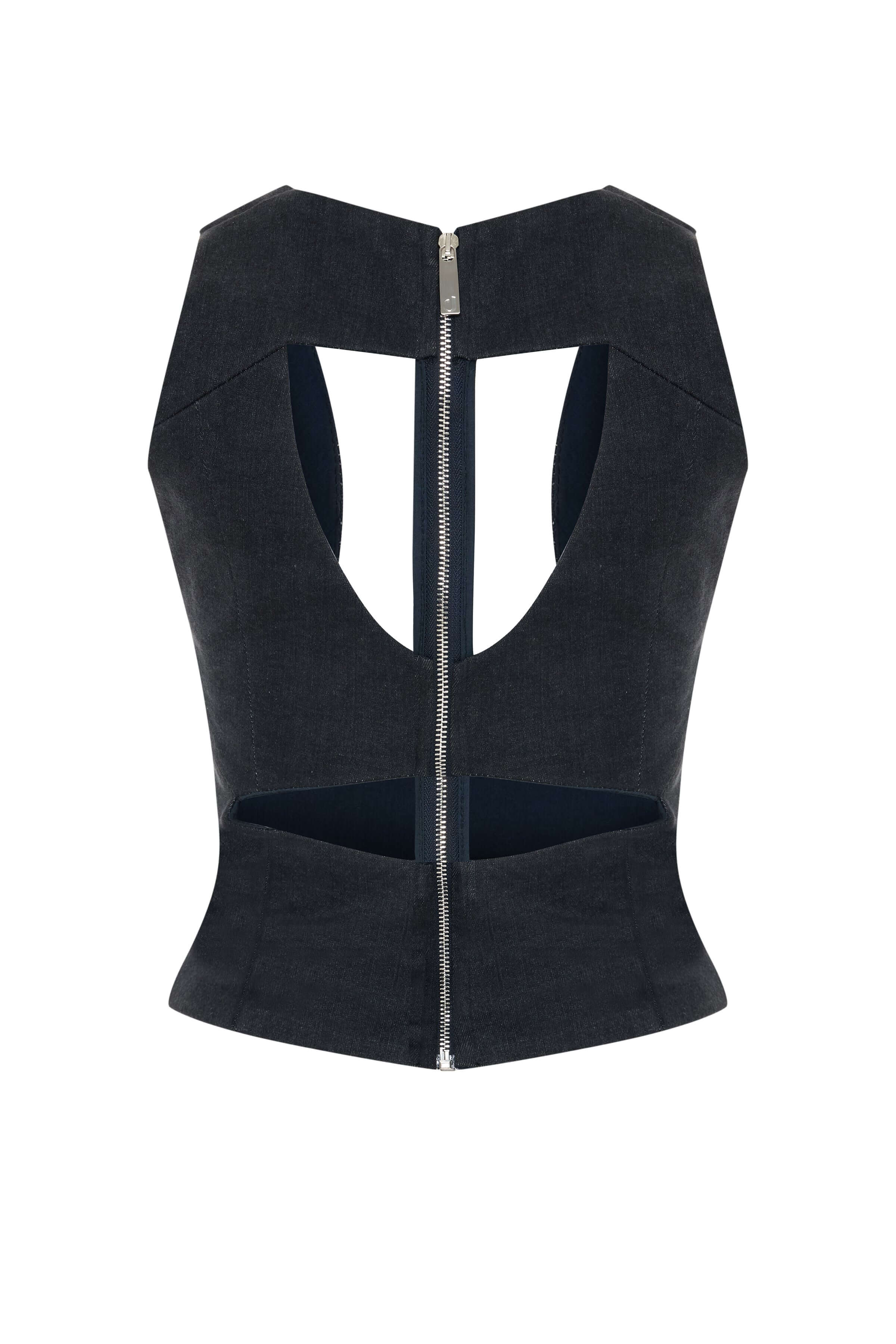 Form-fitting black denim corset featuring a plunging V-neck and structured seams.