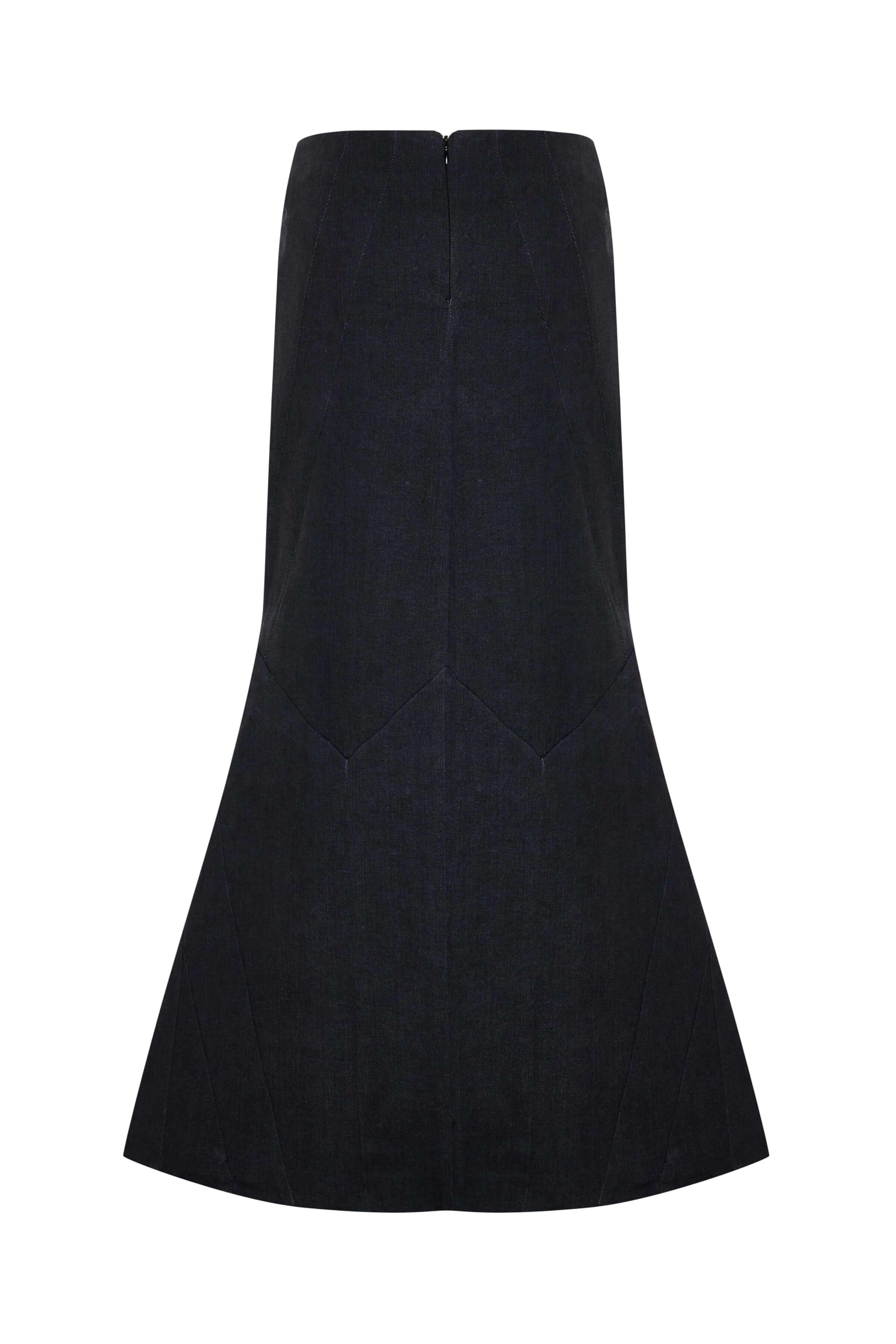A studio shot of a dark wash, high-waisted denim skirt. Its design includes a distinctive V-shaped waistband and a wide, flared bottom panel for a sophisticated look.