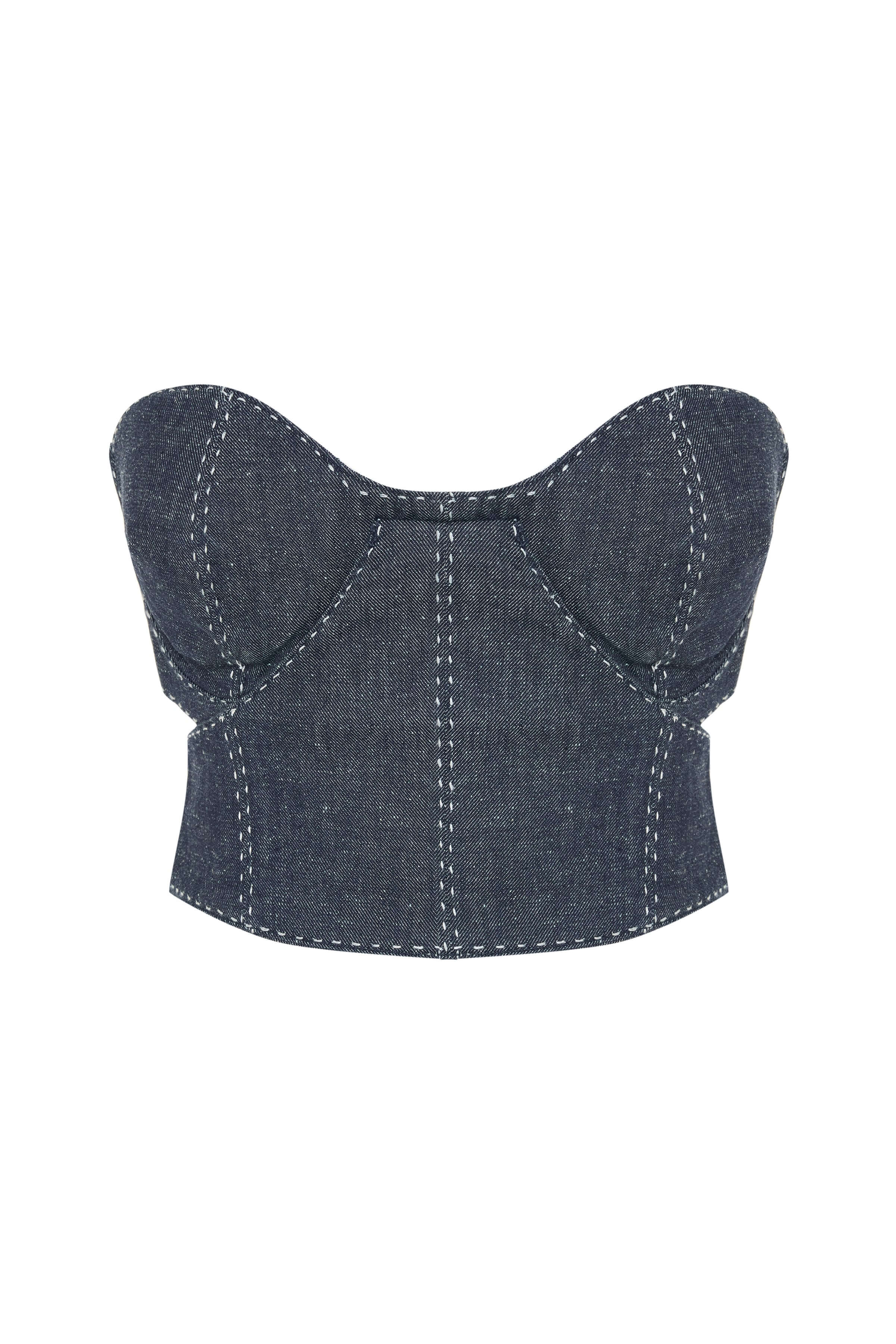 A dark blue denim bustier top with distinctive white vertical and horizontal stitching for a corset-like look.