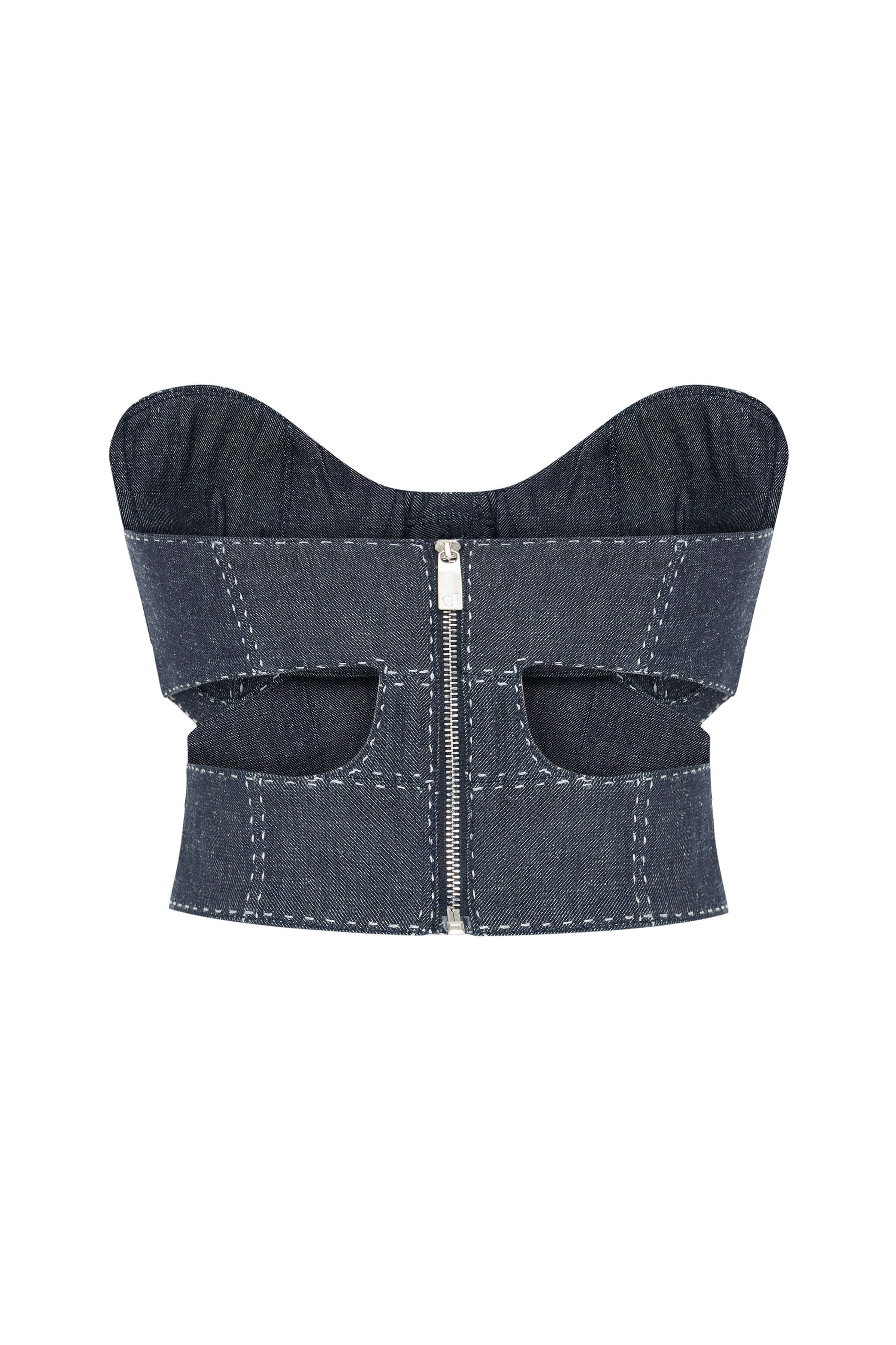Front view of a JENDUE Stormbringer denim corset top with structured panels and eye-catching white stitches.