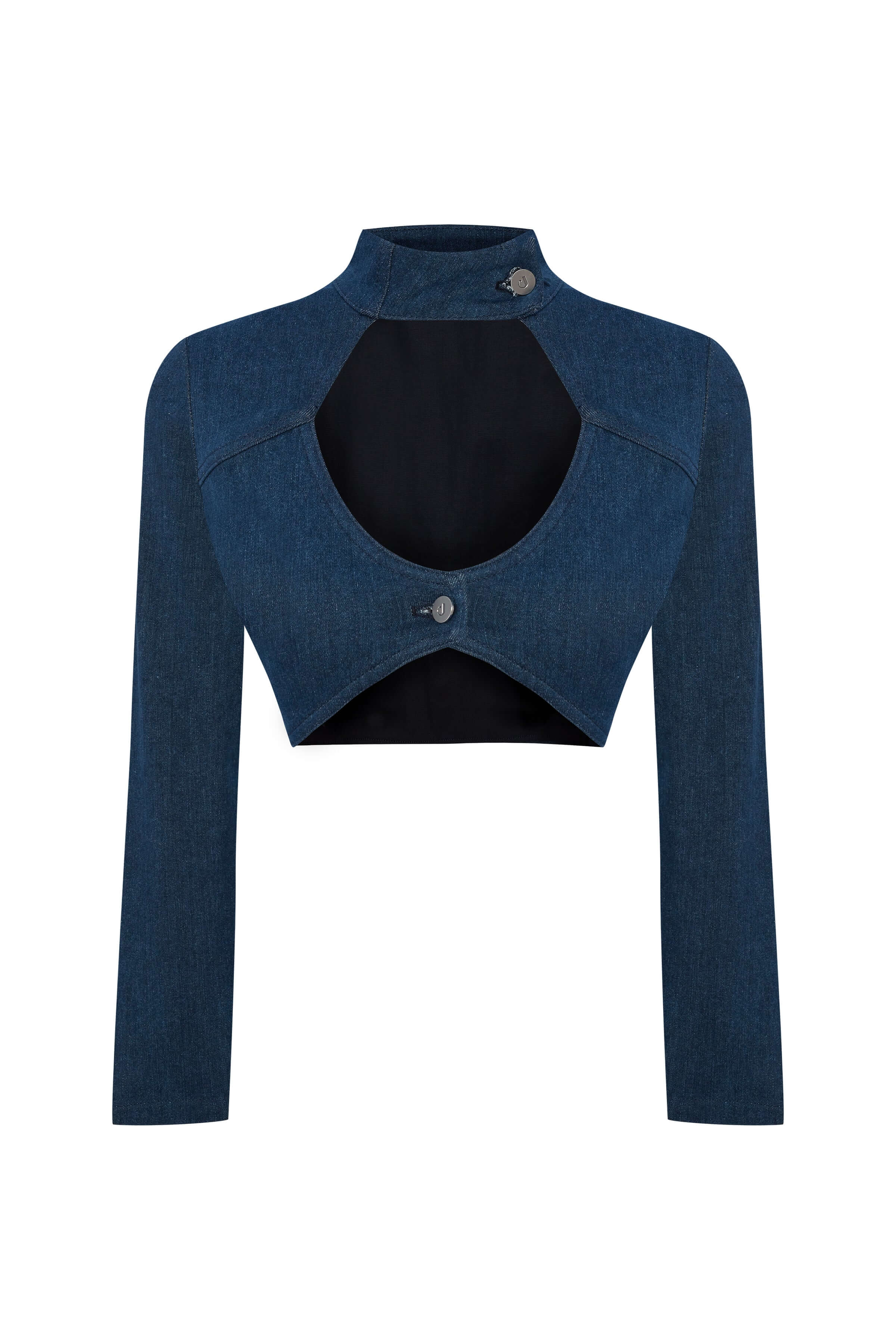 JENDUE blue denim crop top: high neck, full sleeves, and bold keyhole cutout. Modern chic.