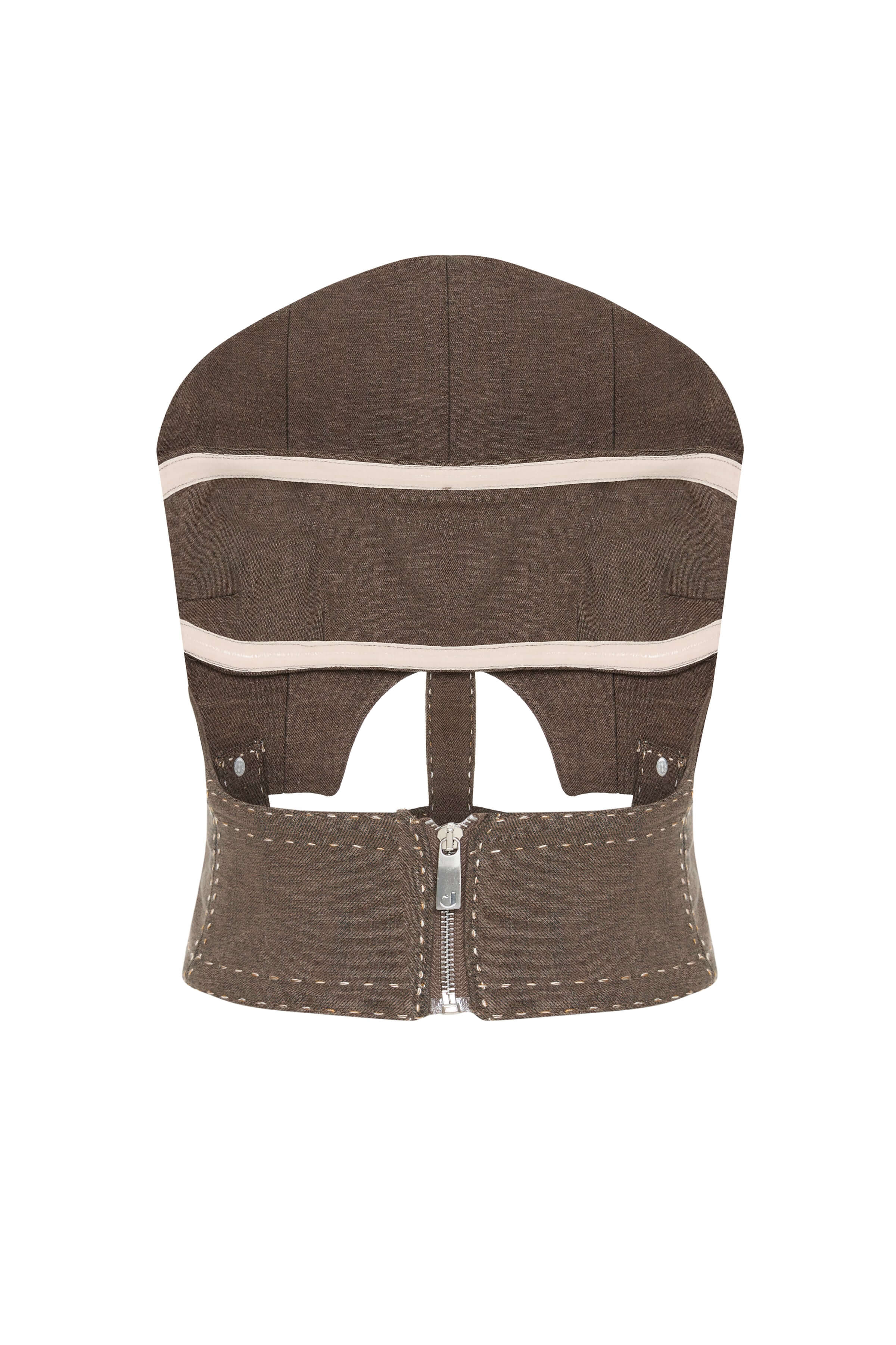 Front view of the JENDUE brown denim corset top. It has vertical seams with white stitching and two adjustable buckles on the waist.
